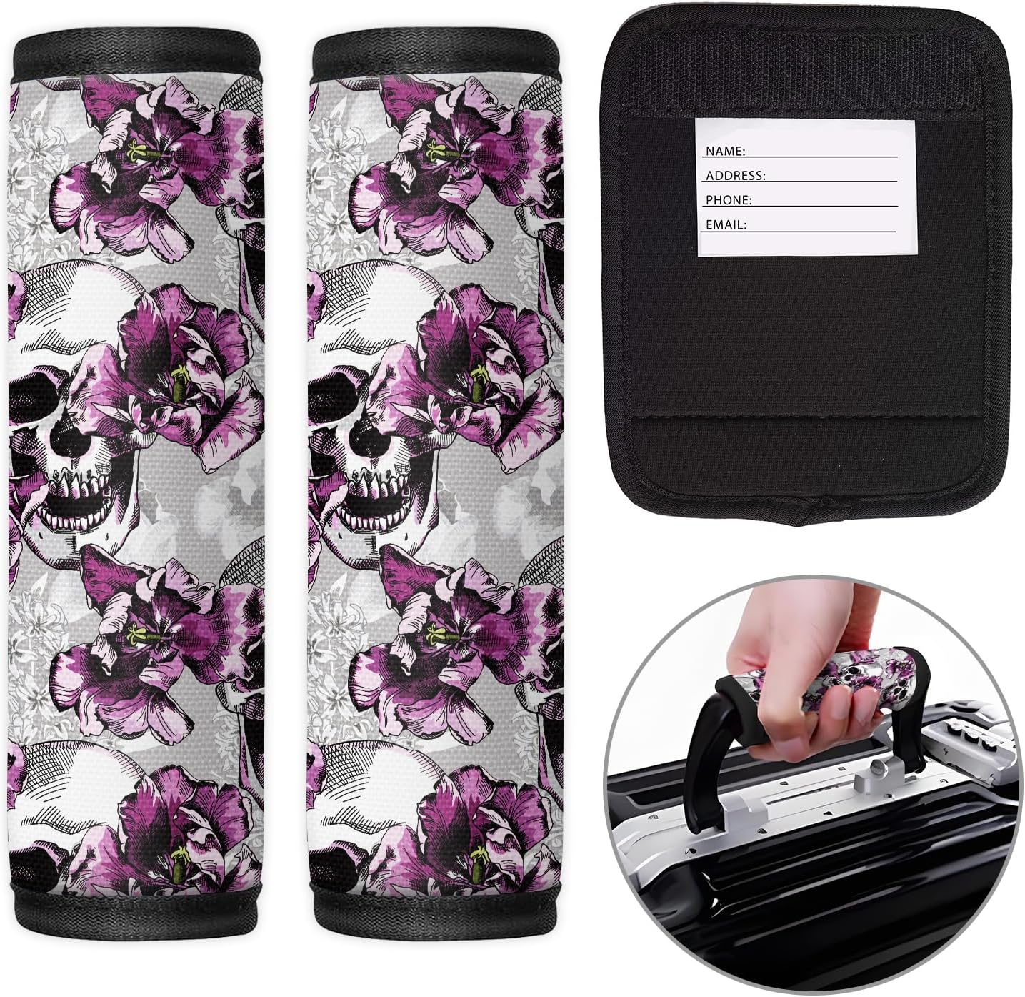 2 Pack Luggage Handle Wrap Travel Tags - Set of Luggage Tags for Suitcases, Identifiers, Marker, and Handle Covers - Cruise Accessories and Travel Gifts（Purple Flower Skull