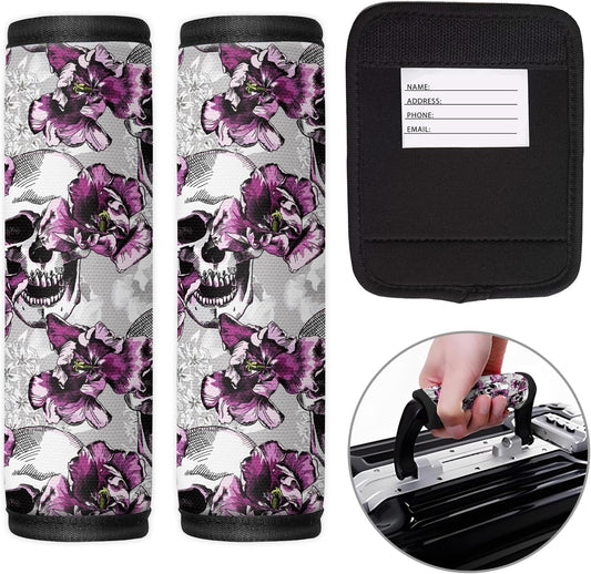 2 Pack Luggage Handle Wrap Travel Tags - Set of Luggage Tags for Suitcases, Identifiers, Marker, and Handle Covers - Cruise Accessories and Travel Gifts（Purple Flower Skull