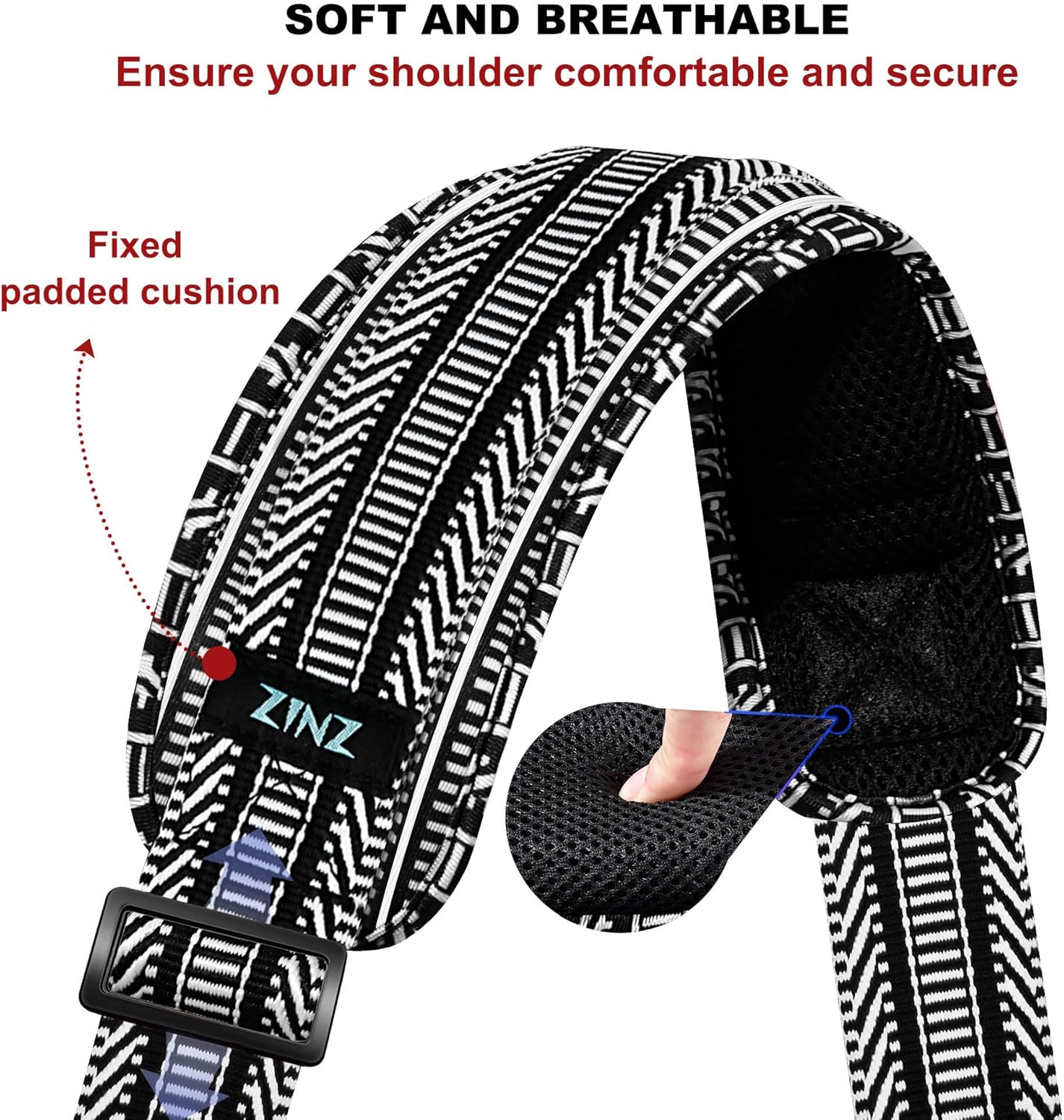 ZINZ Shoulder Strap 59 Inch Universal Bag Strap with Ultra-thick Fixed Breathable Pad Adjustable Heavy-duty Shoulder Strap for Laptop bag Crossbody Gym Bag Camera Bag and more - Black White Jacquard