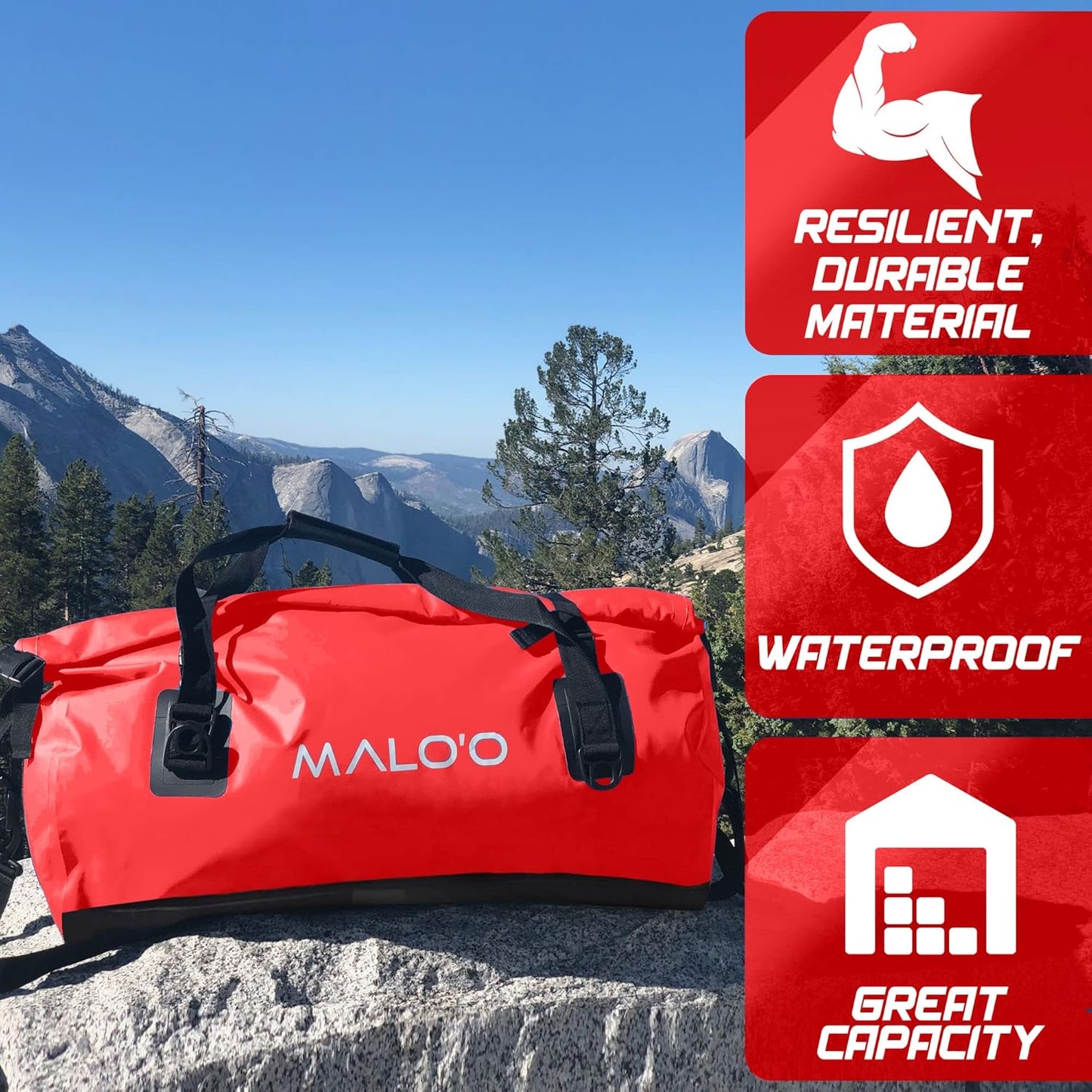 Malo’o Waterproof Dry Duffel, Heavy-Duty Roll Top Waterproof Gear Bag with Shoulder Strap & Molle Loops, Marine Duffel for Kayaking, Boating, Camping, Beach & Travel, Red, 100L
