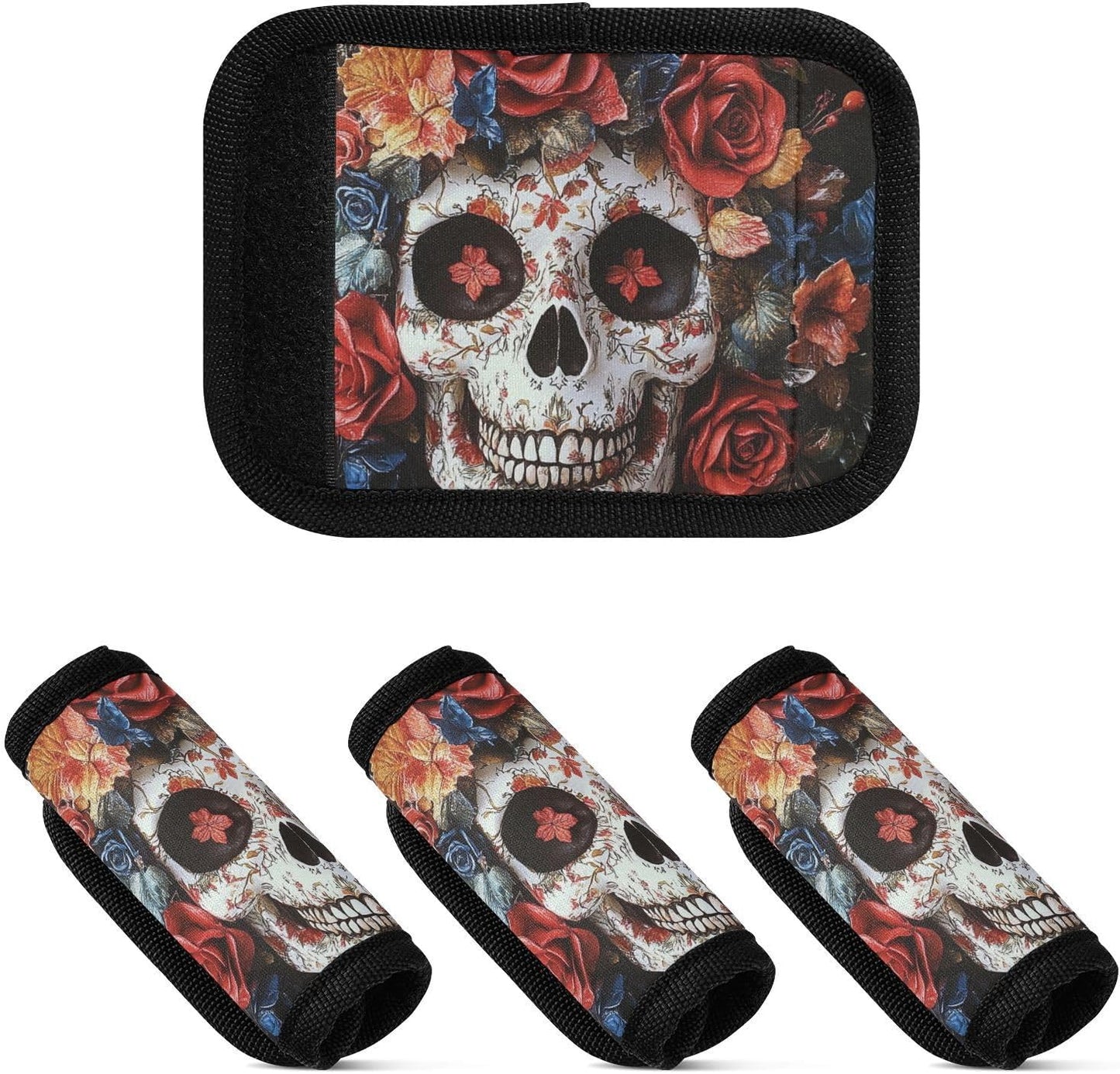 Halloween Sugar Roses Skull 4 Pack Luggage Handle Wraps Covers for Suitcase Identifiers Bag Tags Travel Accessories