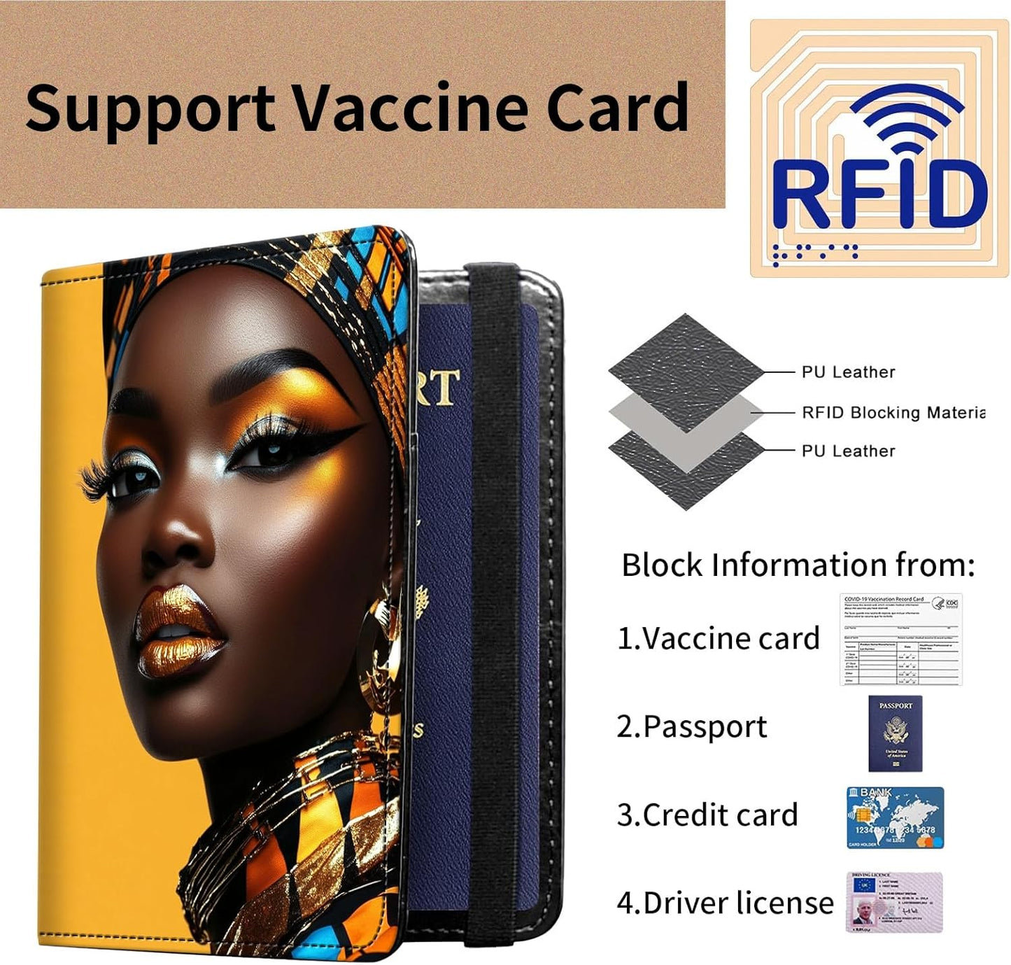 Passport and Vaccine Card Holder Cover Combo,Travel Passport Holder Wallet with RFID Blocking, Leather Vaccine Card Slot Passport Cover Case for Women & Men,African American Woman-1121