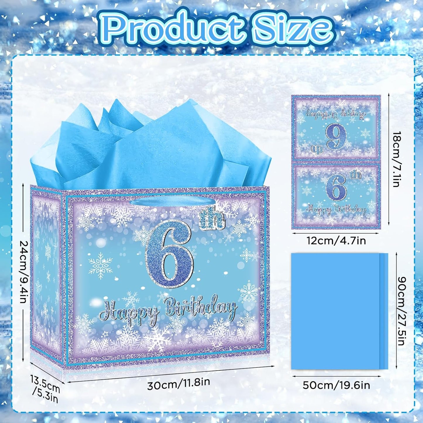 Frozen 6th Birthday Gift Bag for Girls, Large Purple Blue Snowflake Six Birthday Bags with Tissue Paper and Greeting Card Snow Frozen 6 Years Old Party Favor Bags for Girls 6th Bday Christmas Gift