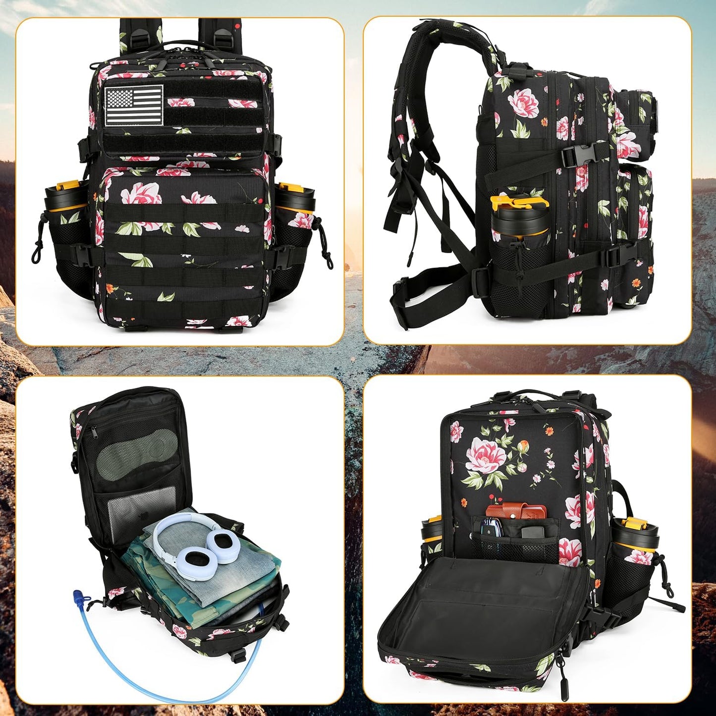 25L Tactical Military Backpack Small Travel Rucksack for Men and Women Assault Pack Bug Out Bag Molle Daypack Gym Backpack with Bottle Holder (Peony)