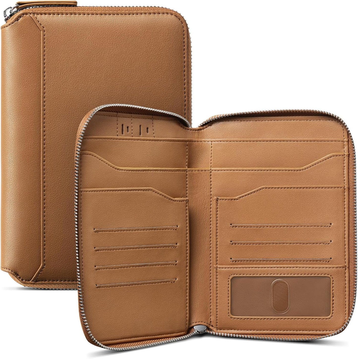 VULKIT Leather Passport Holder for 4-8 Passports Family RFID Blocking Passport Wallet with Zipper Travel Documents Organizer for Men or Women (Brown)