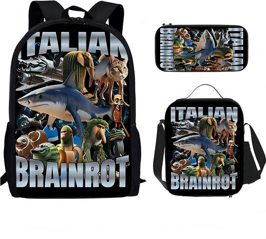  3PCS Italian Brainrot Casual Large Daypack Backpack,17in Shoulder Waterproof Lightweight Daypack Gifts (Color 8)