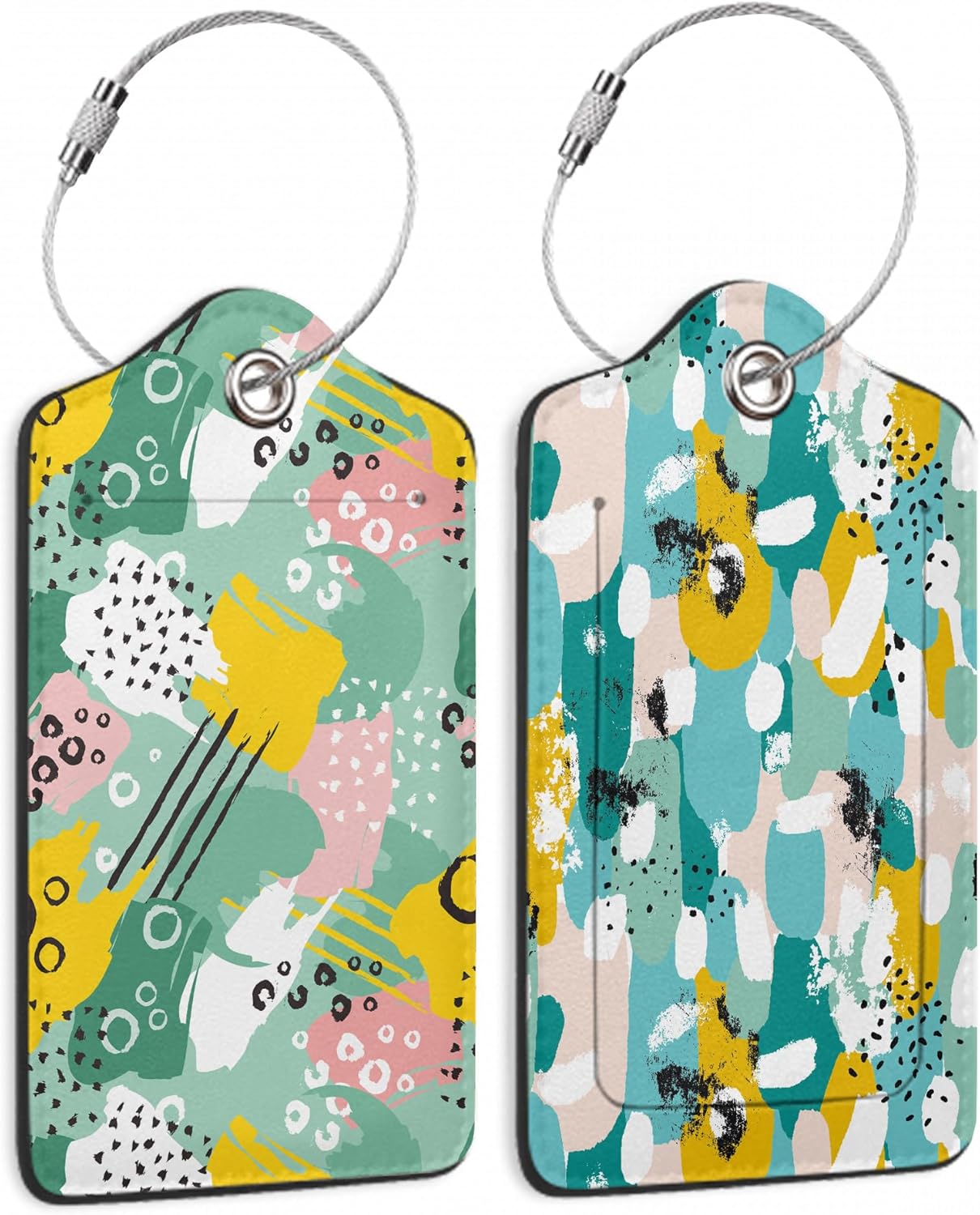 Colorful Abstract Painting 2 Pack Luggage Tag for Suitcase, Cute Unique Leather Bag Tags Identifiers Privacy Cover ID Label with Durable Steel Loop for Women Men Kids Girls Travel
