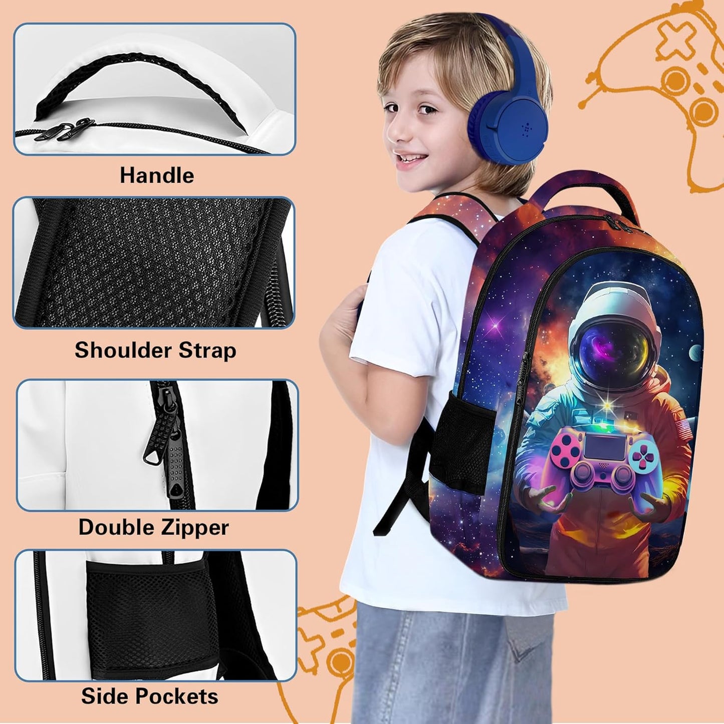 Game Backpack Set for Boys, Gaming Backpack 3 Pack, Boys Lunch Box, and Pencil Bag for Kids, 17"
