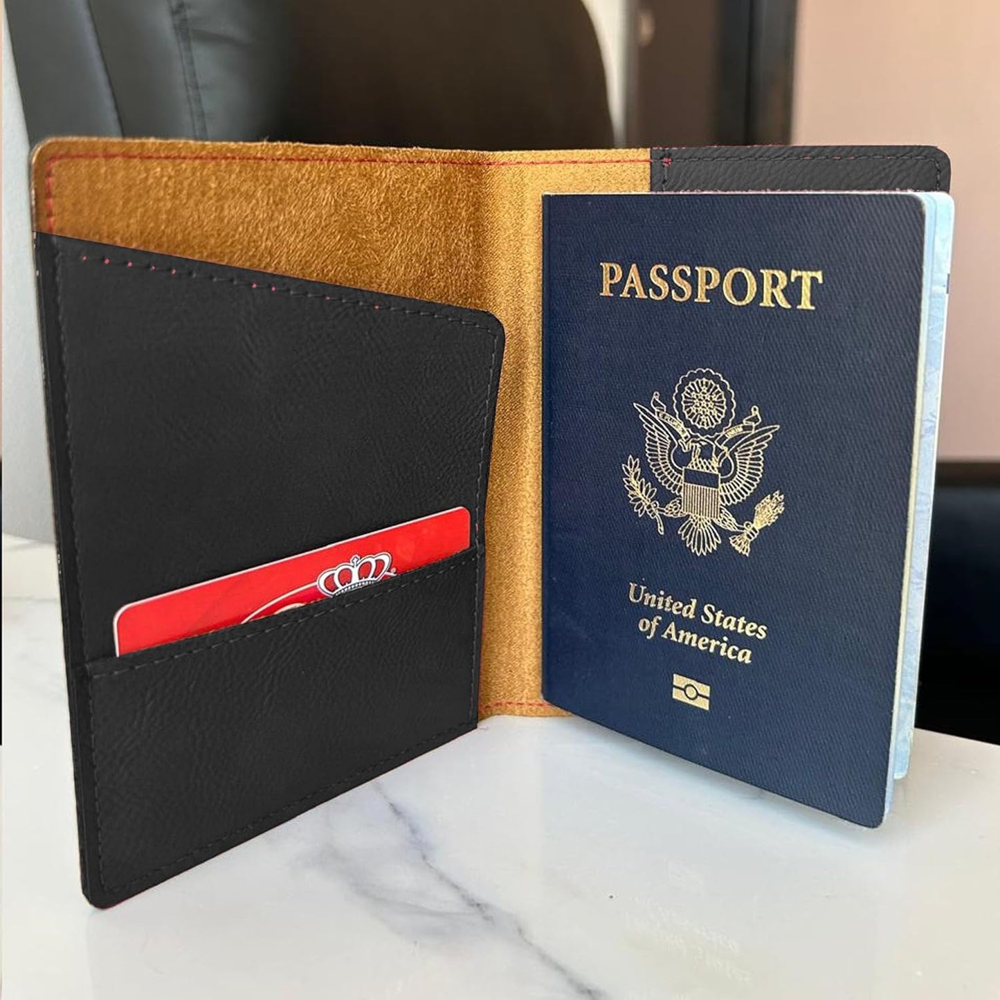 LaserGram Faux Leather Passport Holder, Coat of Arms Dominican Republic, Personalized Engraving Included (Black with Gold)