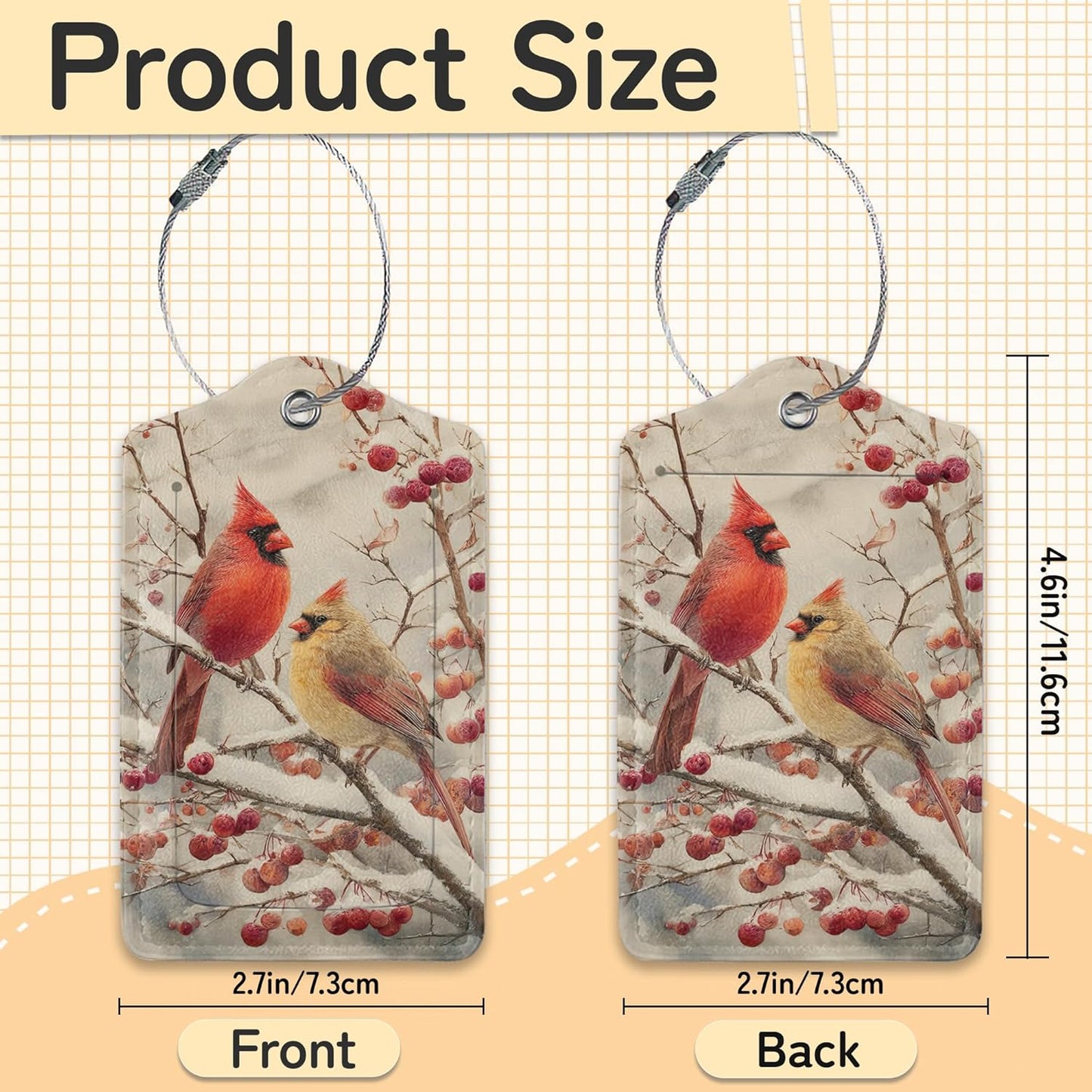 3 Pack PU Red Cardinal Birds Leahter Luggage Tag with Stainless Steel Loop,Travel Suitcase Labels with Privacy Cover ID Label Quickly Spot for Bags