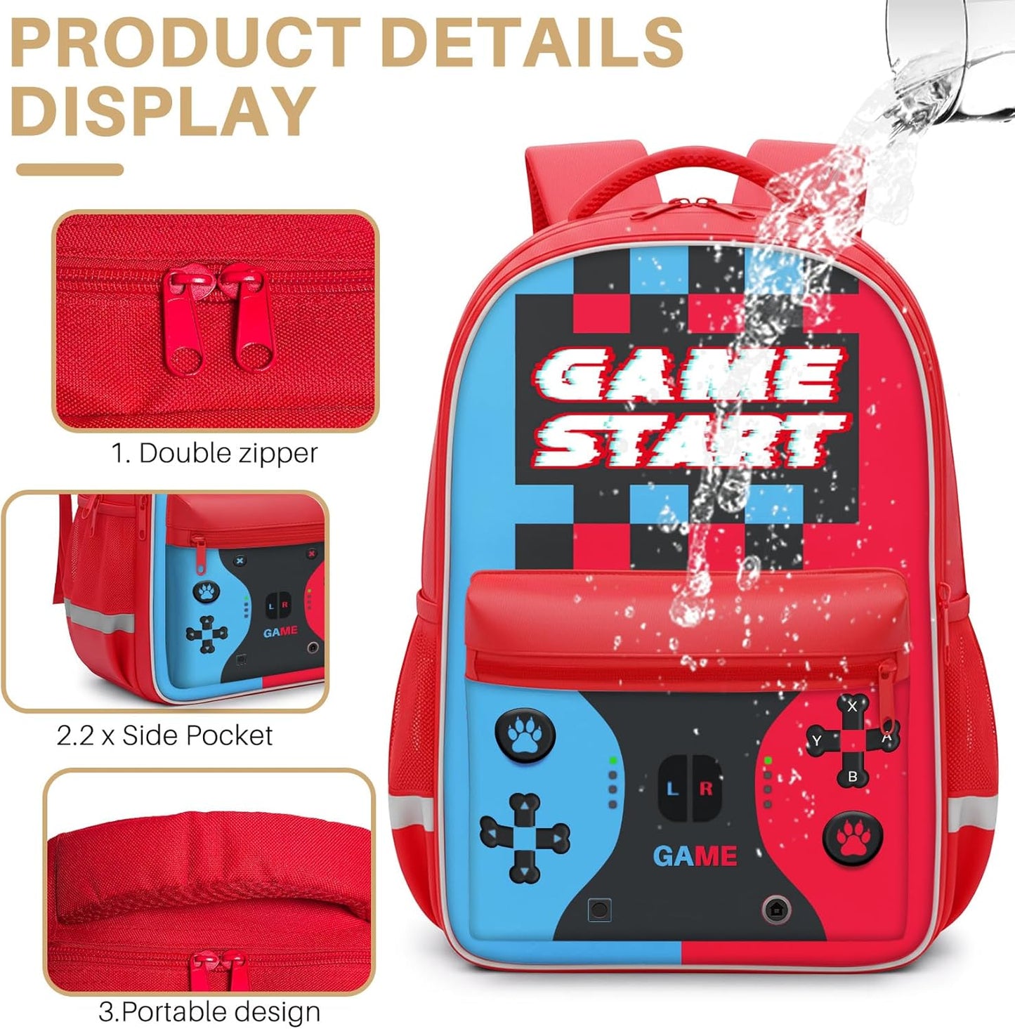 Video Game Style Backpack for Boys - 3 Piece School Set Includes Large 16.5 Inch Bookbag, Lunch
