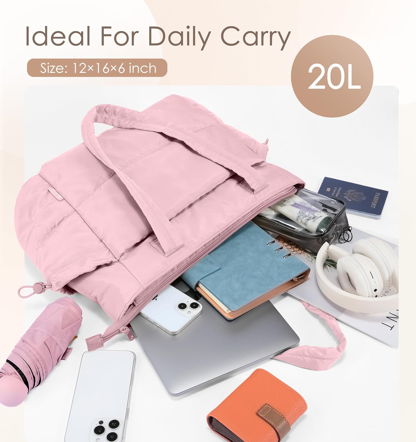 Tote Bag for Women Puffy Work Bags for Women with Zipper Lightweight Quilted Puffer Tote Bag for Travel, Teacher, Nurse