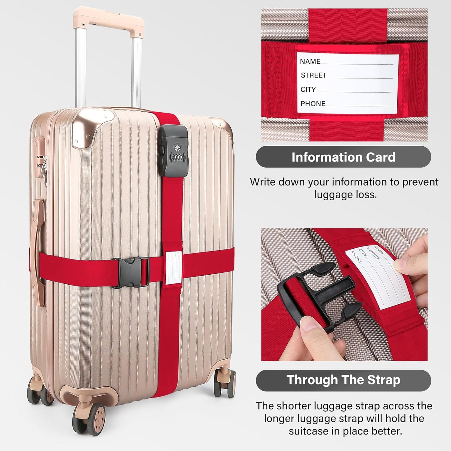 Luggage Straps, Red TSA Approved Luggage Strap Belt with Combination Lock for Suitcases, 2 Pack