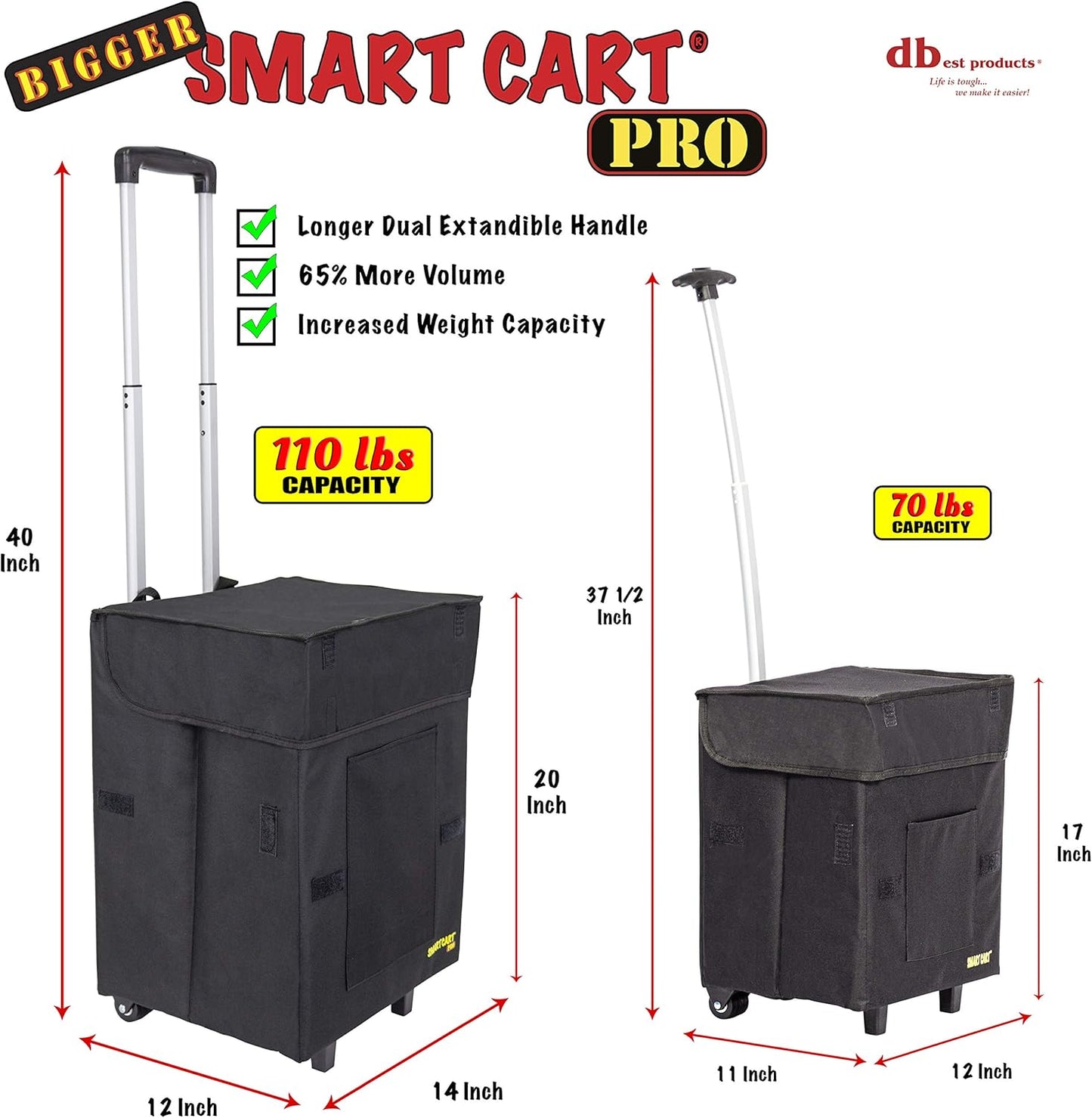 dbest products Bigger Smart Cart Pro with Wheels Lightweight Collapsible Cart, Retractable Pull Handle Multipurpose RollingCart Black