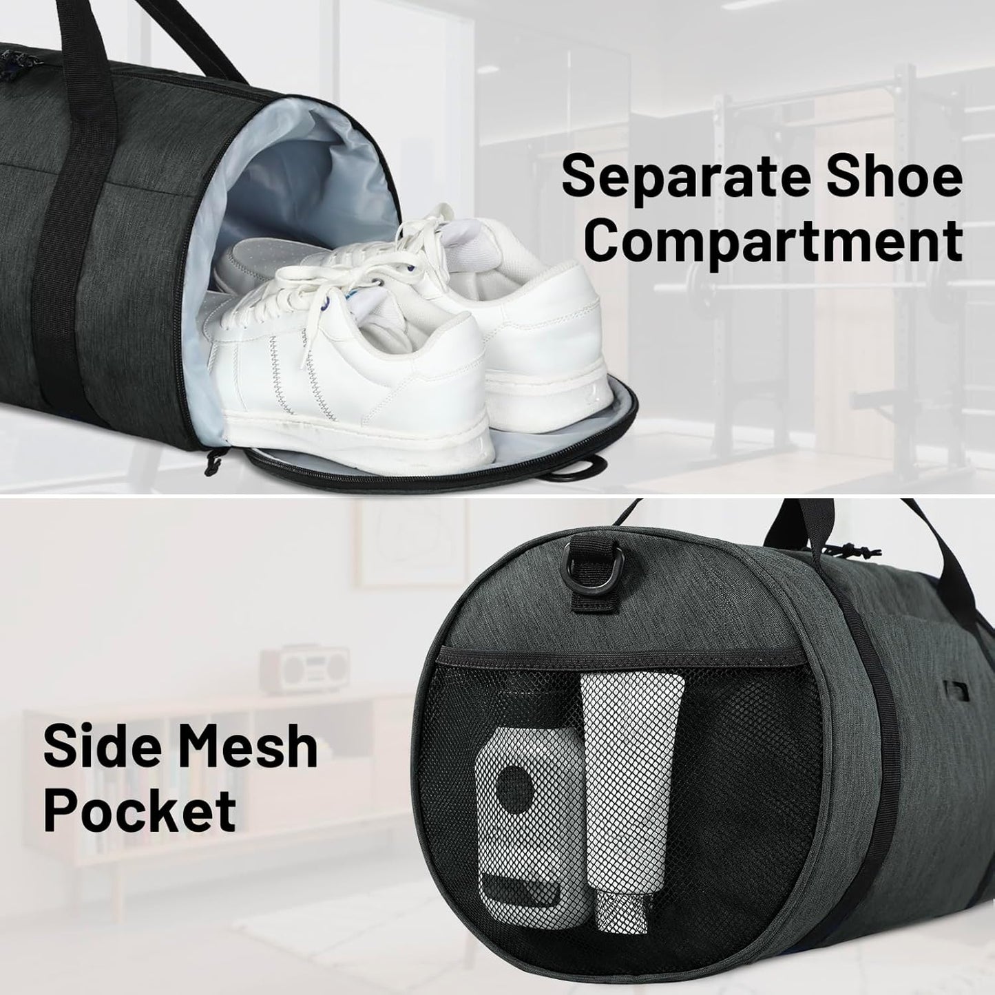 MIER Gym Bag Round Duffle Bag with Shoe Compartment & Wet Pocket, Lightweight Carry on Duffel for Men Women Workout Fitness Travel Sports, 24L, Dark Gray