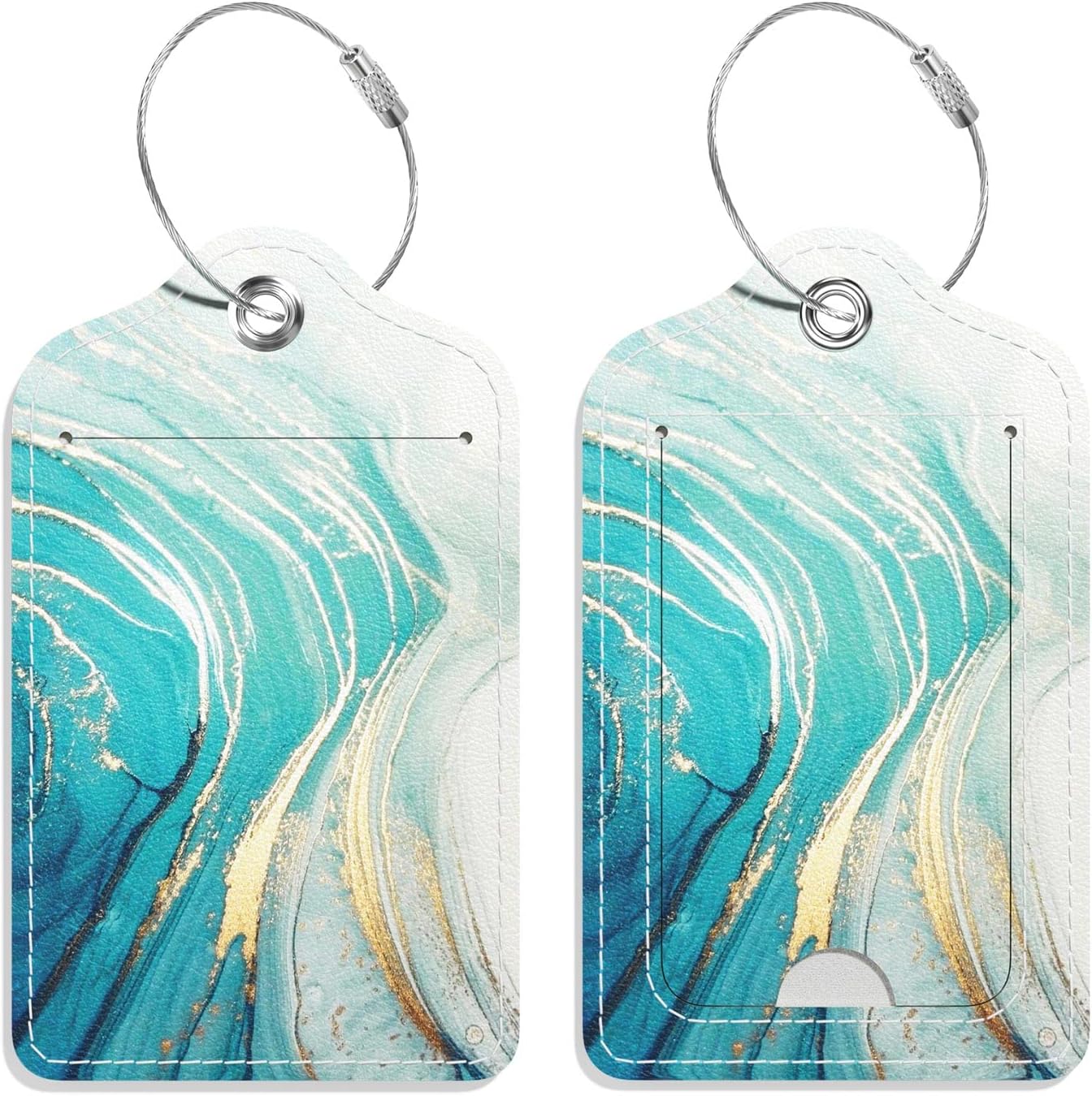 Luggage Tags for Suitcase, 2 Pack PU Leather Travel Cruise Luggage Tag with Privacy Flap, Name ID Label and Metal Loop for Women Men Suitcase Baggage Bag Backpack Instrument, Teal Gold Ocean