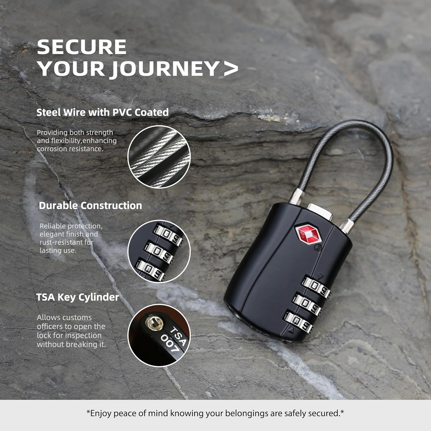 TSA Locks for Luggage, Small Padlock Combination with Cable, Luggage Locks TSA Approved, Combo Padlock with Code, for Travel Suitcase, Gym Locker, Gun Case, Backpack Zipper (Black)