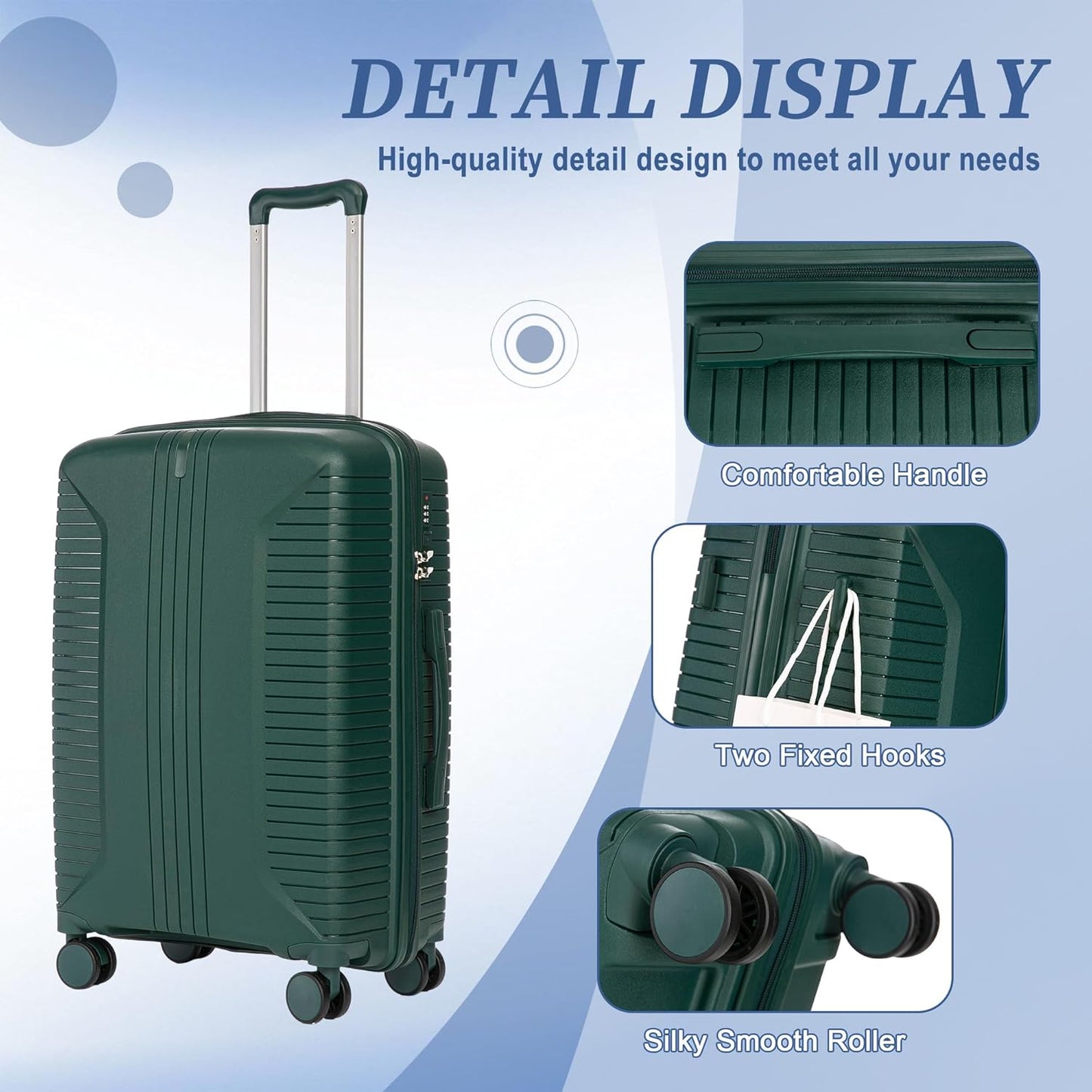 Campfun 3 Piece Luggage Sets, PP Suitcase Set with Double Spinner Wheels Hang Hook, Durable Carry On Luggage with Combination Lock, 20/24/28 inch, Green