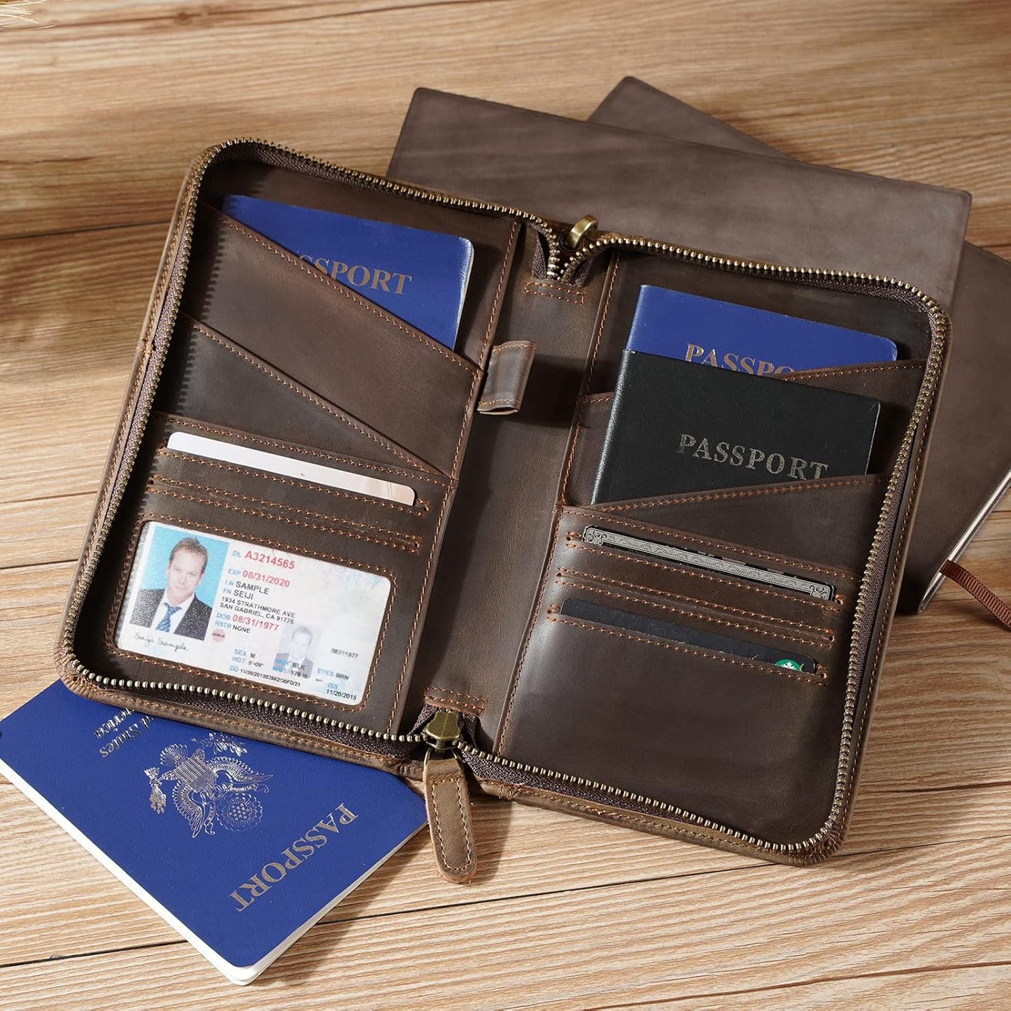 Passport Holder Wallet Full Grain Leather RFID Blocking Passport Cover Case Family Travel Wallet for 6 with YKK Zipper