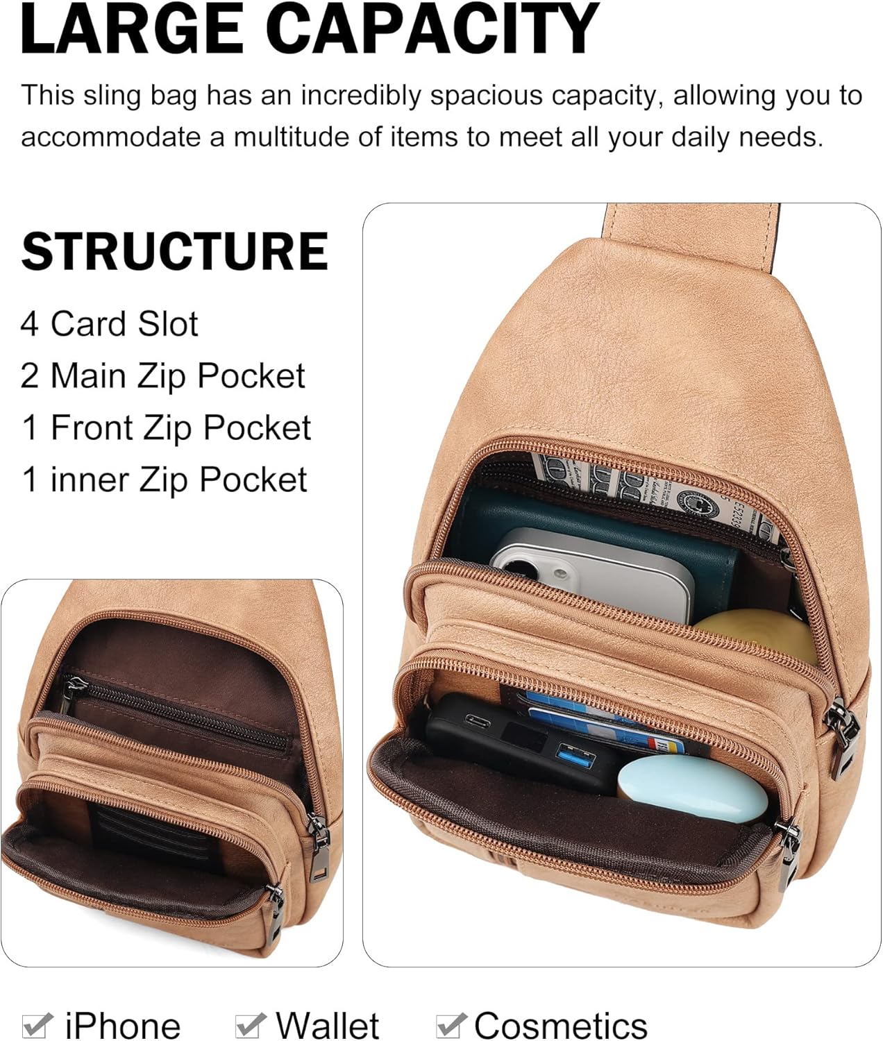 MASINTOR Sling Bag for Women - Crossbody Bags Fanny Pack with Vegan Leather - Adjustable Sling Backack for Travel