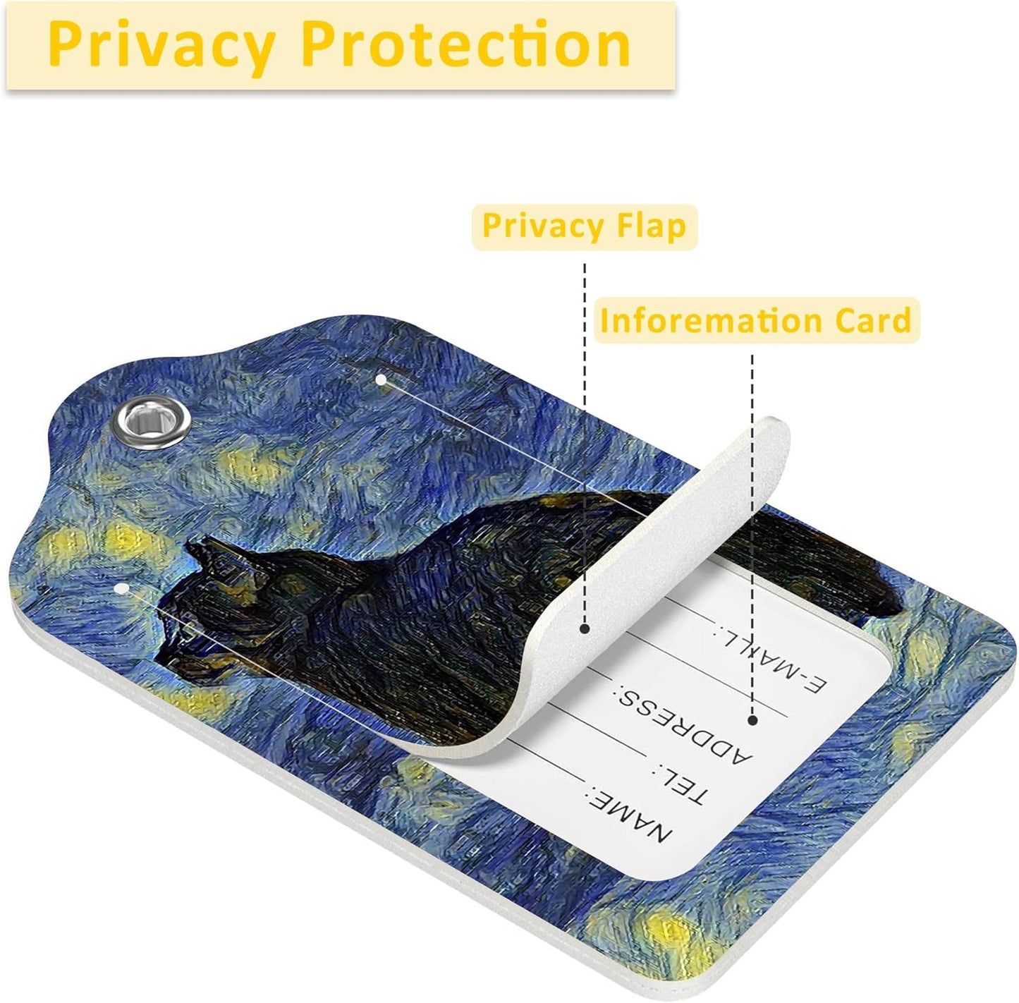 2 Pack Luggage Tag for Suitcase,Shambhala Cat in Vincent Van Gogh PU Leather Suitcase Tags Identifiers with Privacy Name Address Labels and Durable Steel Loop for Women Men Travel