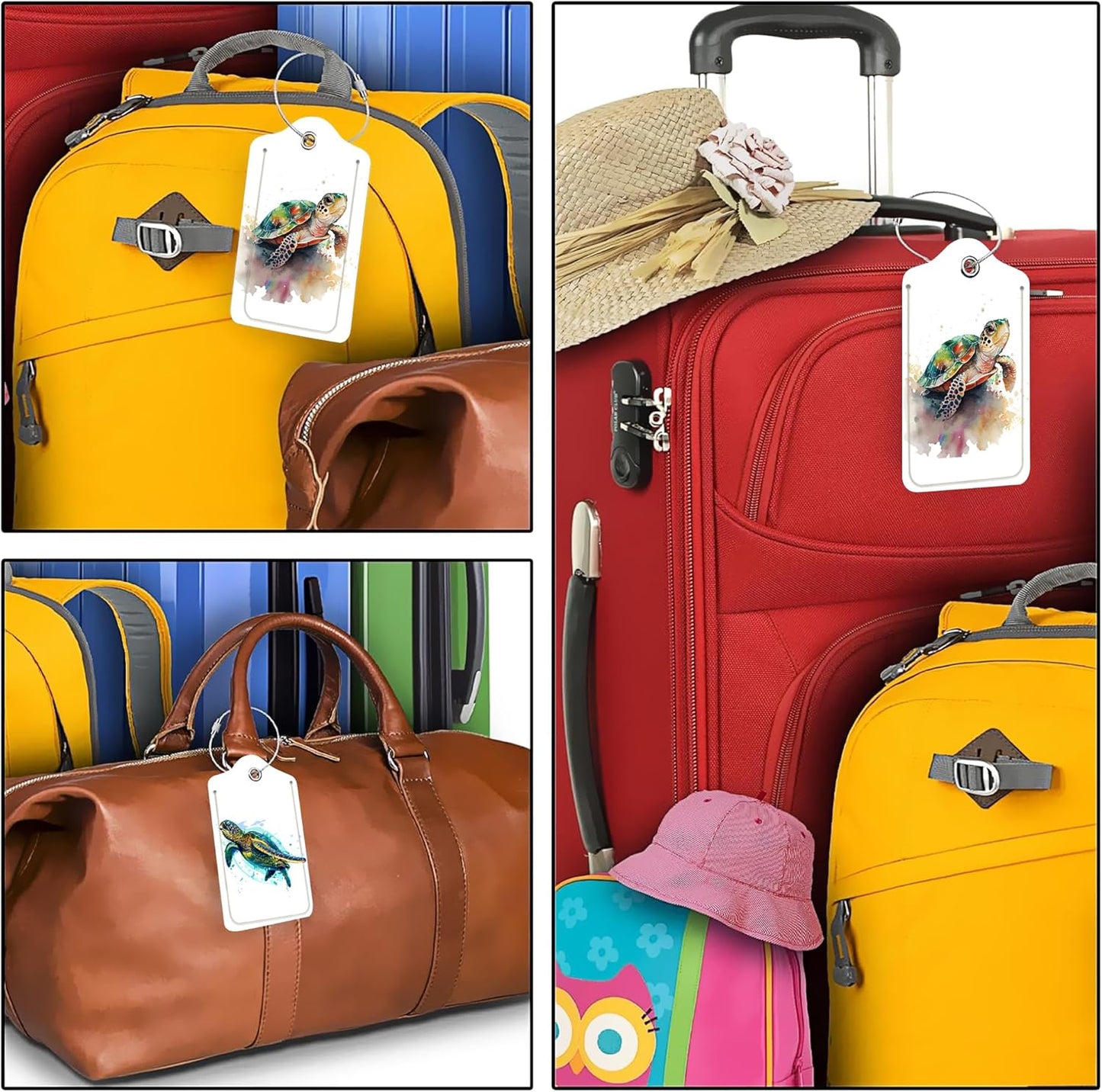 Set of 2 Luggage Tags for Suitcases, Leather Watercolor Sea Turtle Baggage Tags with Stainless Steel Loop, Privacy Name ID Card Cover Travel Labels for Women Men Kids Girls