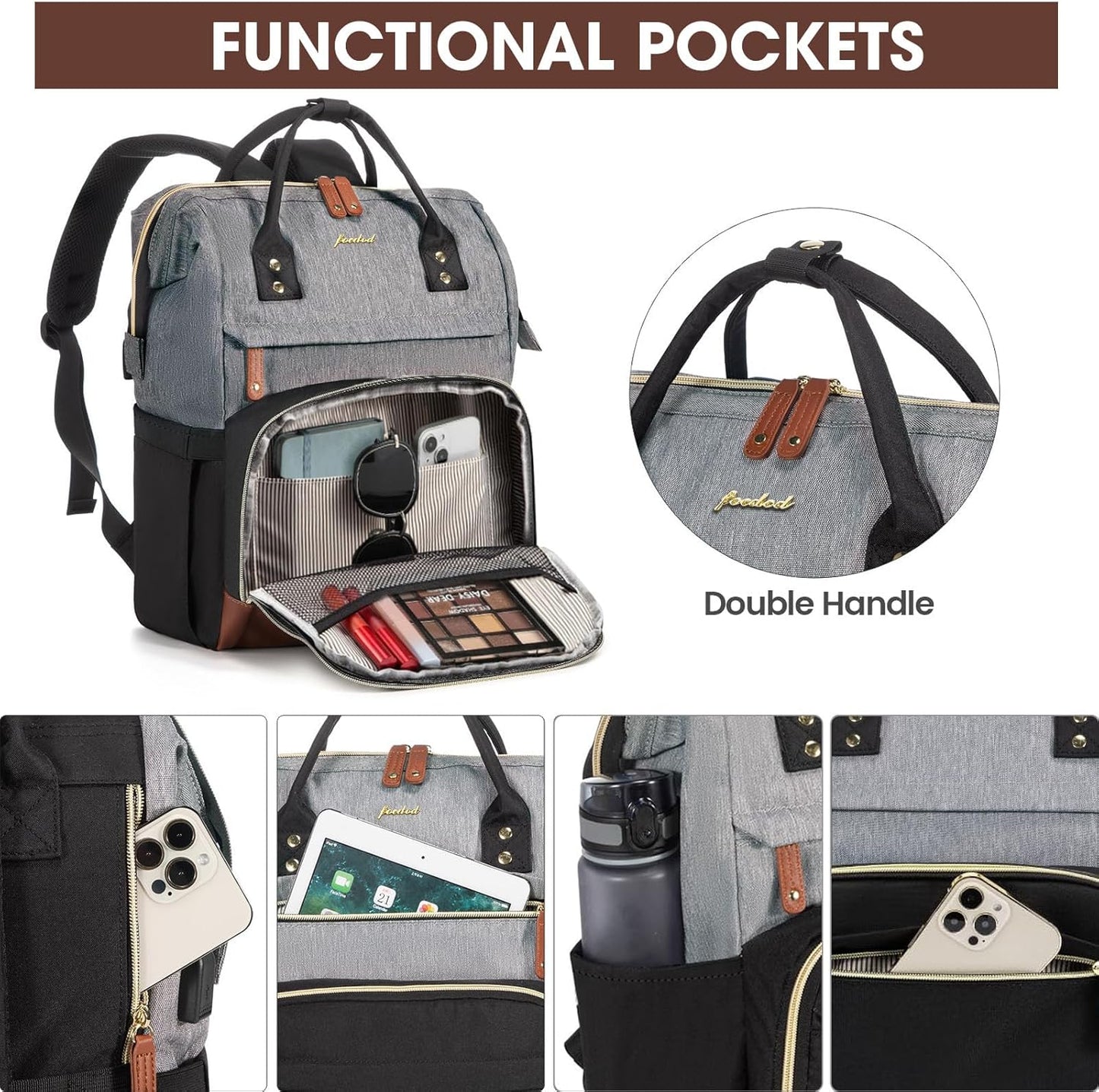 Laptop Backpack for Womem Work Bags: 18 Inch Travel BackPacks With USB Charging Port Anti Theft Durable Back Pack Fashion College BookBag Purse Bussiness Daypack for Nurse Teacher Black Grey Brown