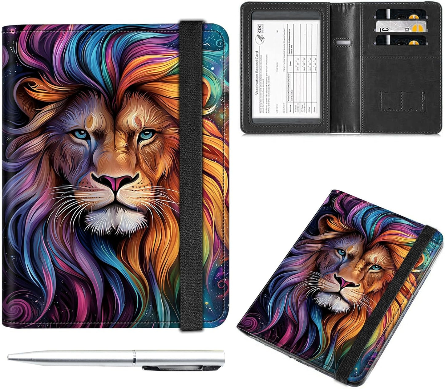 Passport and Vaccine Card Holder Cover Combo,Travel Passport Holder Wallet with RFID Blocking, Leather Vaccine Card Slot Passport Cover Case for Women & Men,Majestic Colorful Lion