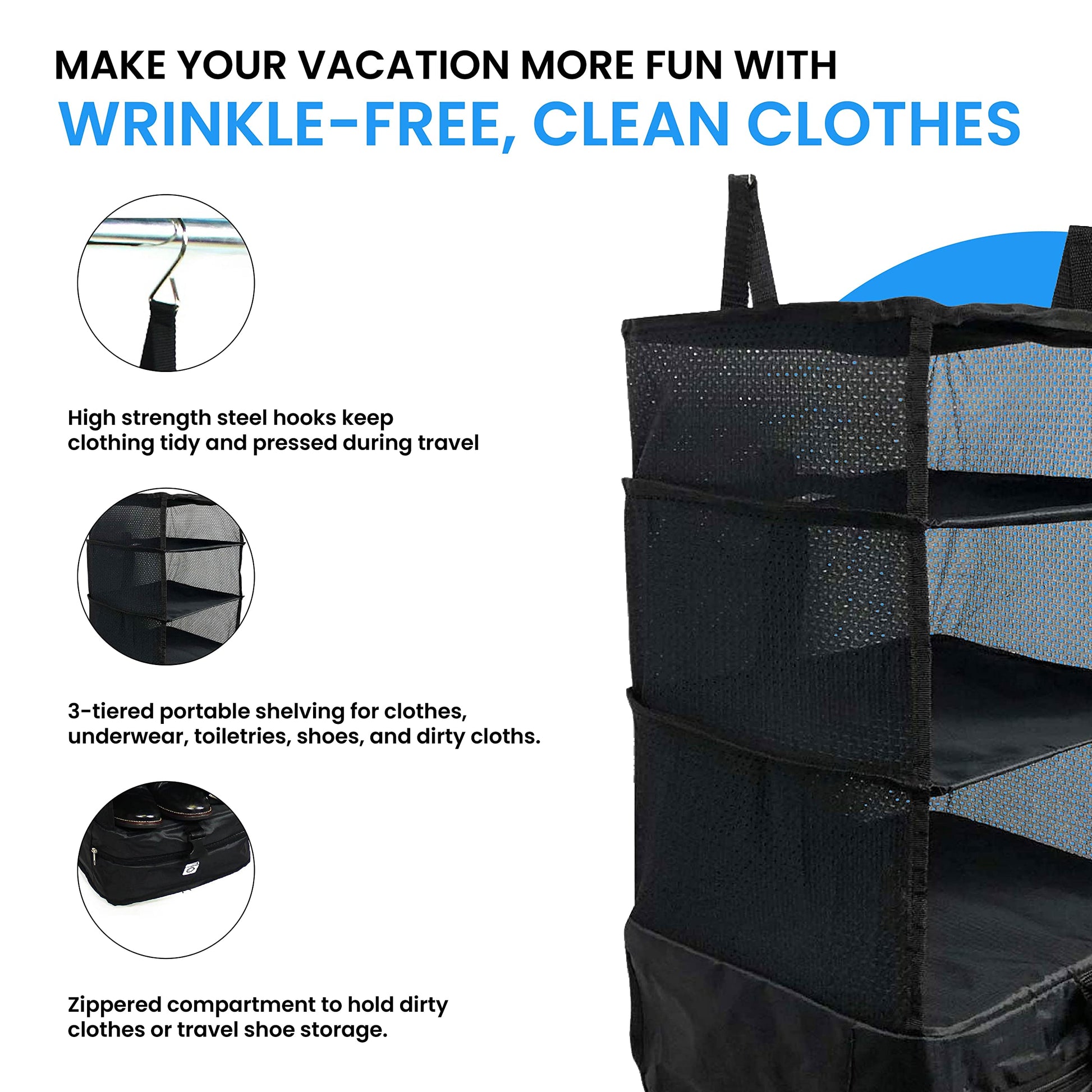 Grand Fusion Stow-N-Go Hanging Travel Shelves, Packing Organizer for Luggage. Carry on Closet for