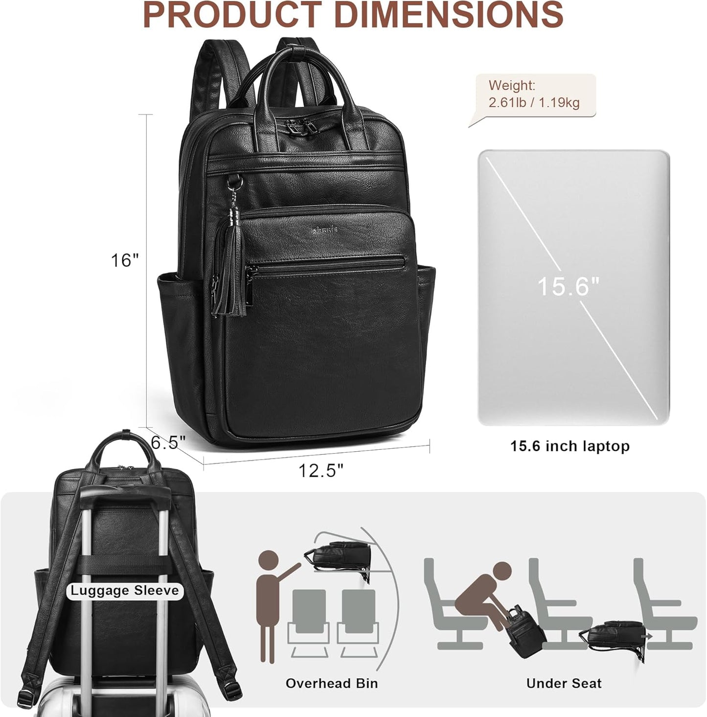 Shrrie Laptop Backpack for Women 15.6 inch Travel Leather Backpack Purse Work Computer Backpacks for Business College Black