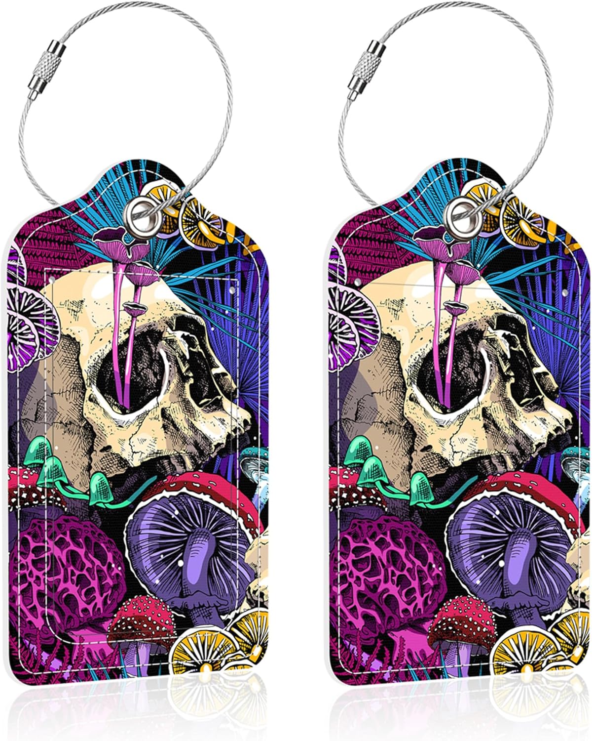 Luggage Tags for Suitcase,2 Pack Skull Mushroom Luggage Tag,PU Leather Id Label Luggage Tags with Stainless Steel Loop and Privacy Cover for Women Men Teens Travel