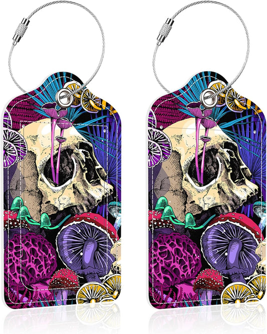 Luggage Tags for Suitcase,2 Pack Skull Mushroom Luggage Tag,PU Leather Id Label Luggage Tags with Stainless Steel Loop and Privacy Cover for Women Men Teens Travel
