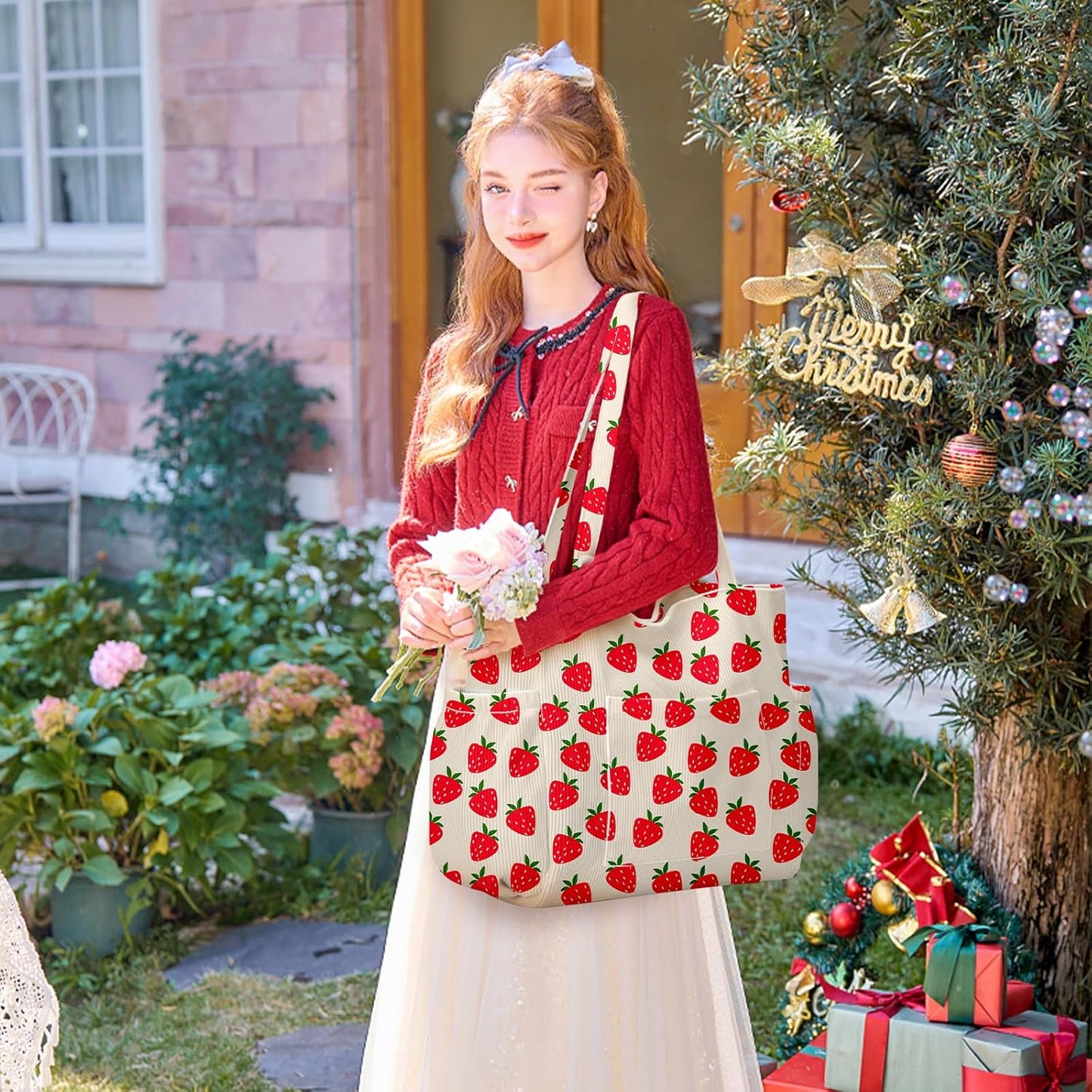 Corduroy Tote Bag for Women,Large Capacity Cute Tote Bags With 6 Pockets,Crossbody Shoulder Handbag for Work Travel Gym