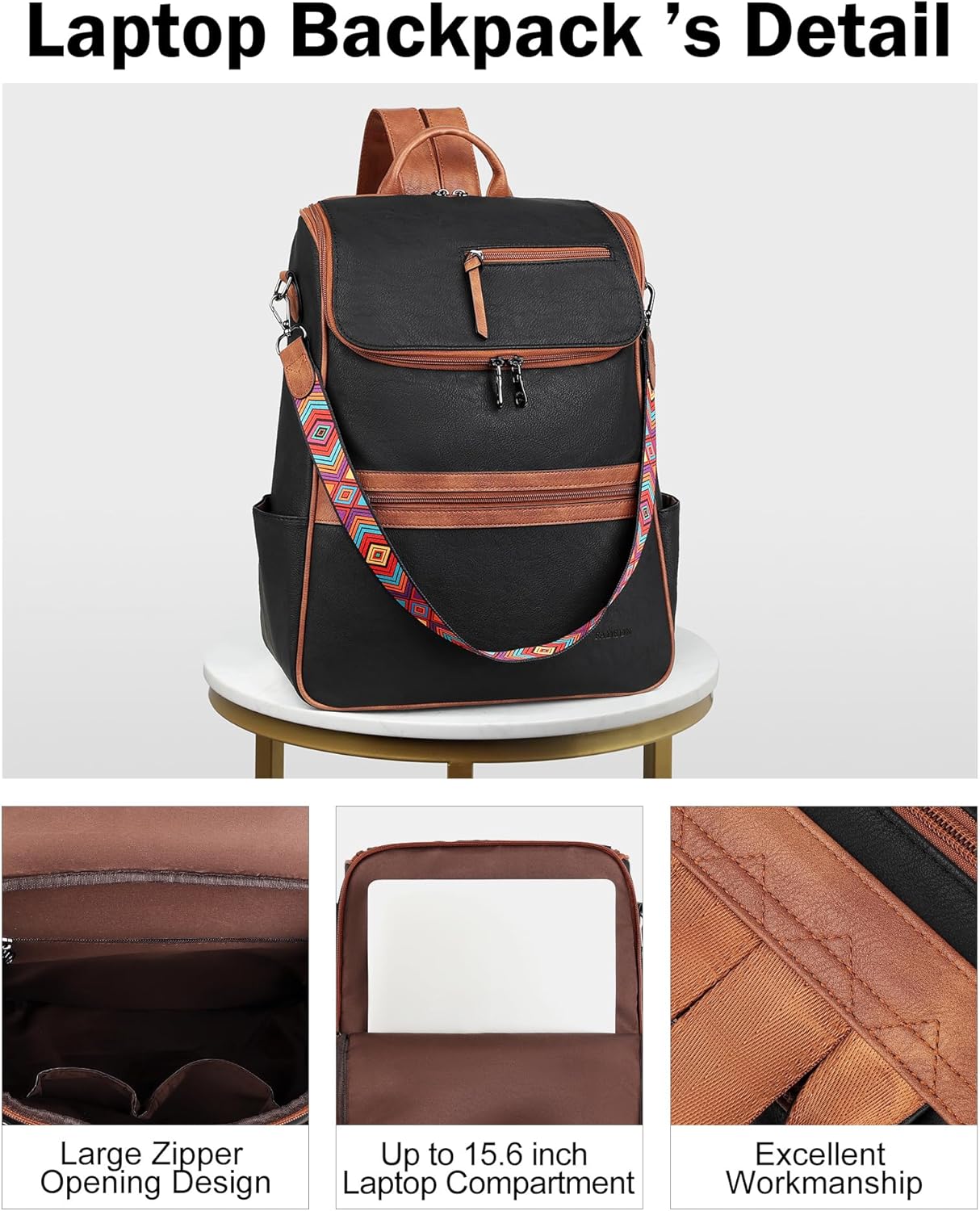 FADEON Laptop Backpack for Women Leather Travel Backpack with Laptop Compartment, Designer PU Shoulder Laptop Bag Black Brown