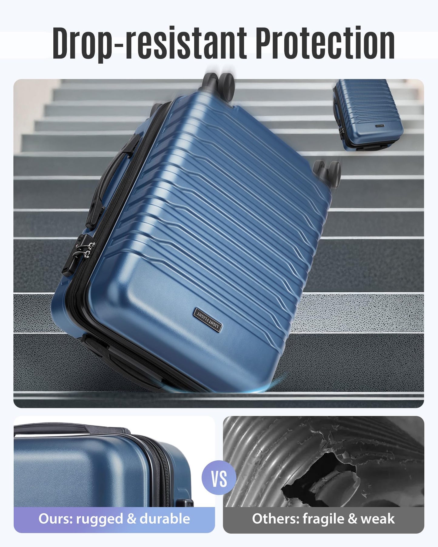LIGHT FLIGHT Expandable 20" Carry On Luggage 22x14x9, TSA Lock, Blue