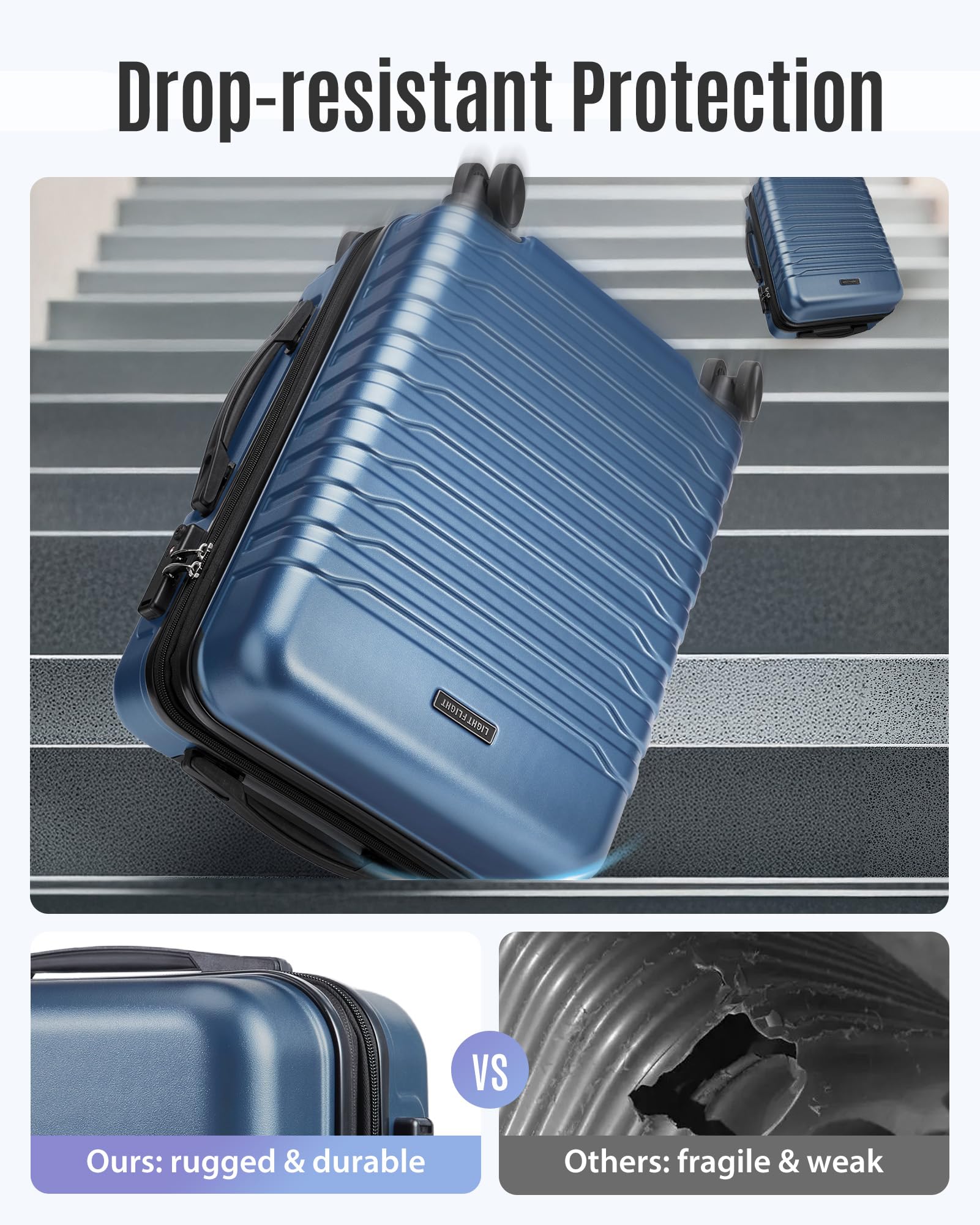 LIGHT FLIGHT Expandable 20" Carry On Luggage 22x14x9, TSA Lock, Blue
