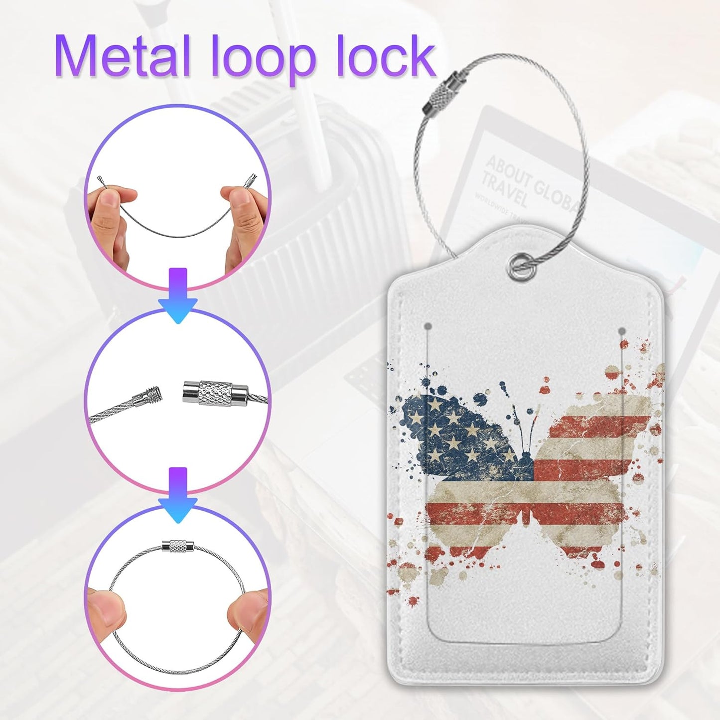 2 Pack Leather Luggage Tag for Suitcase American Flag Watercolor Butterfly Unique Travel Tags with Privacy Cover ID Label & Stainless Steel Loop for Men and Women Baggage