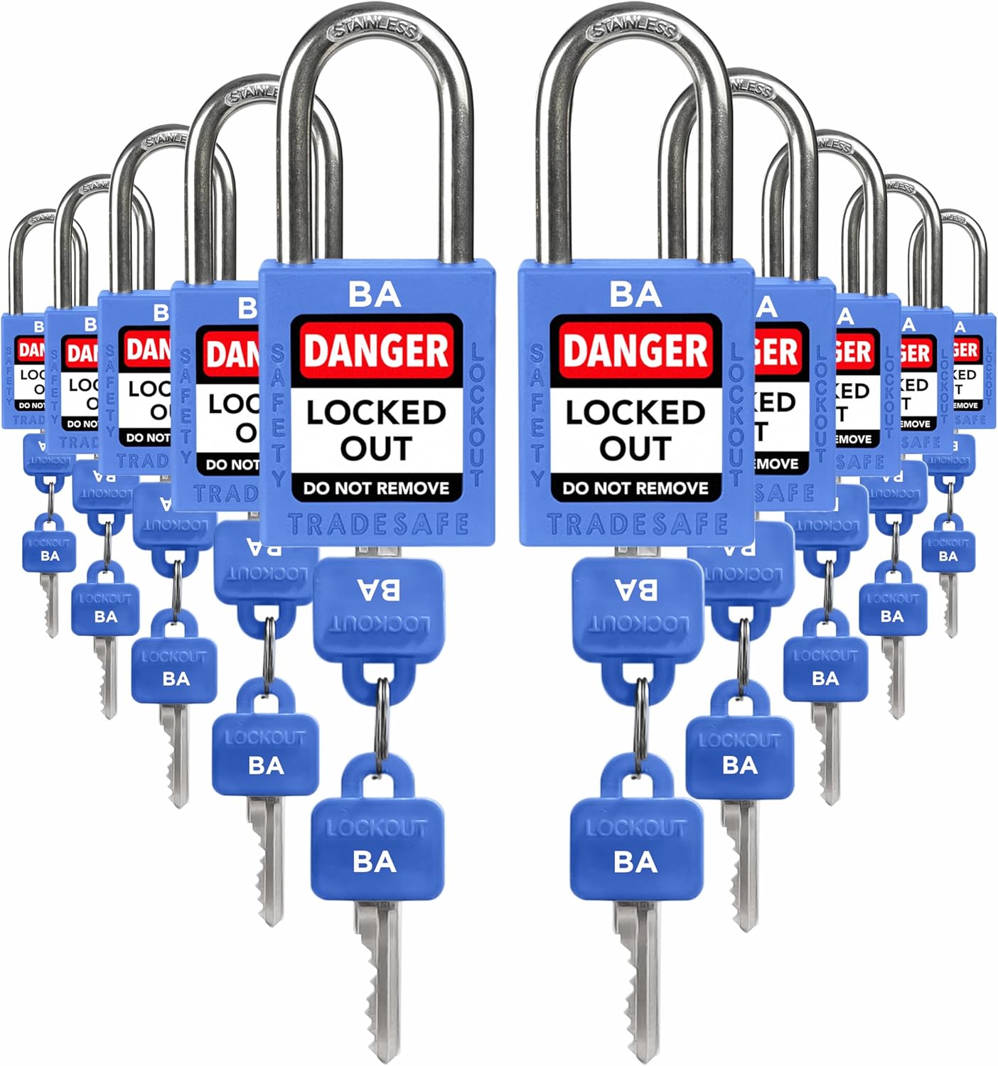 TRADESAFE Lockout Tagout Lock Sets, 10 Blue Keyed Alike Unlimited Grouping Safety Padlocks, 2 Keys Per Lock, OSHA Compliant Loto Locks, for Lock Out Tag Out Kits