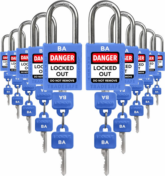 TRADESAFE Lockout Tagout Lock Sets, 10 Blue Keyed Alike Unlimited Grouping Safety Padlocks, 2 Keys Per Lock, OSHA Compliant Loto Locks, for Lock Out Tag Out Kits