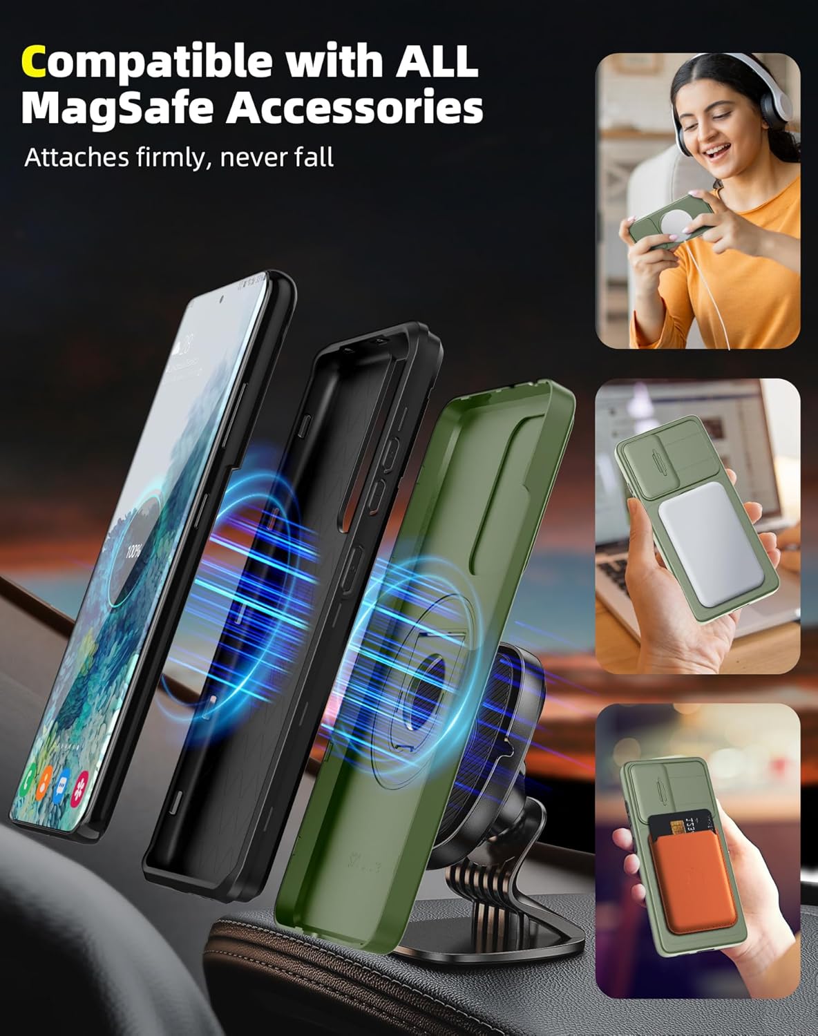 for Samsung Galaxy S20 FE Case Magnetic Compatible with MagSafe Wireless Charging,with 2 Screen Protectors,Built-in Stand Ring+Camera Cover Anti-Scratch Shockproof Heavy Duty Protection Green