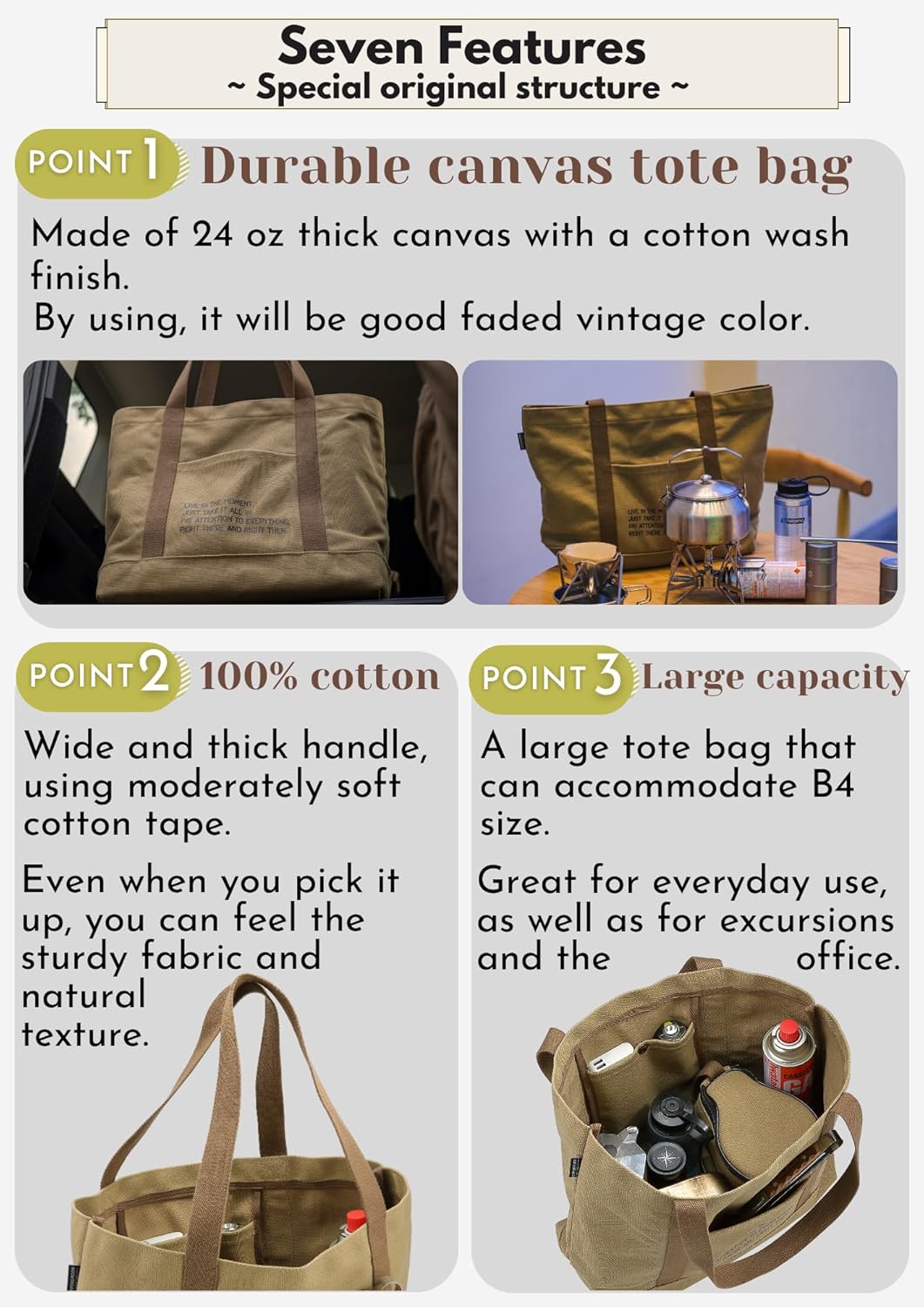 CAMPINGMOON Open Top Canvas Tote Bag Long Handle Camping Gear Storage Case B-189