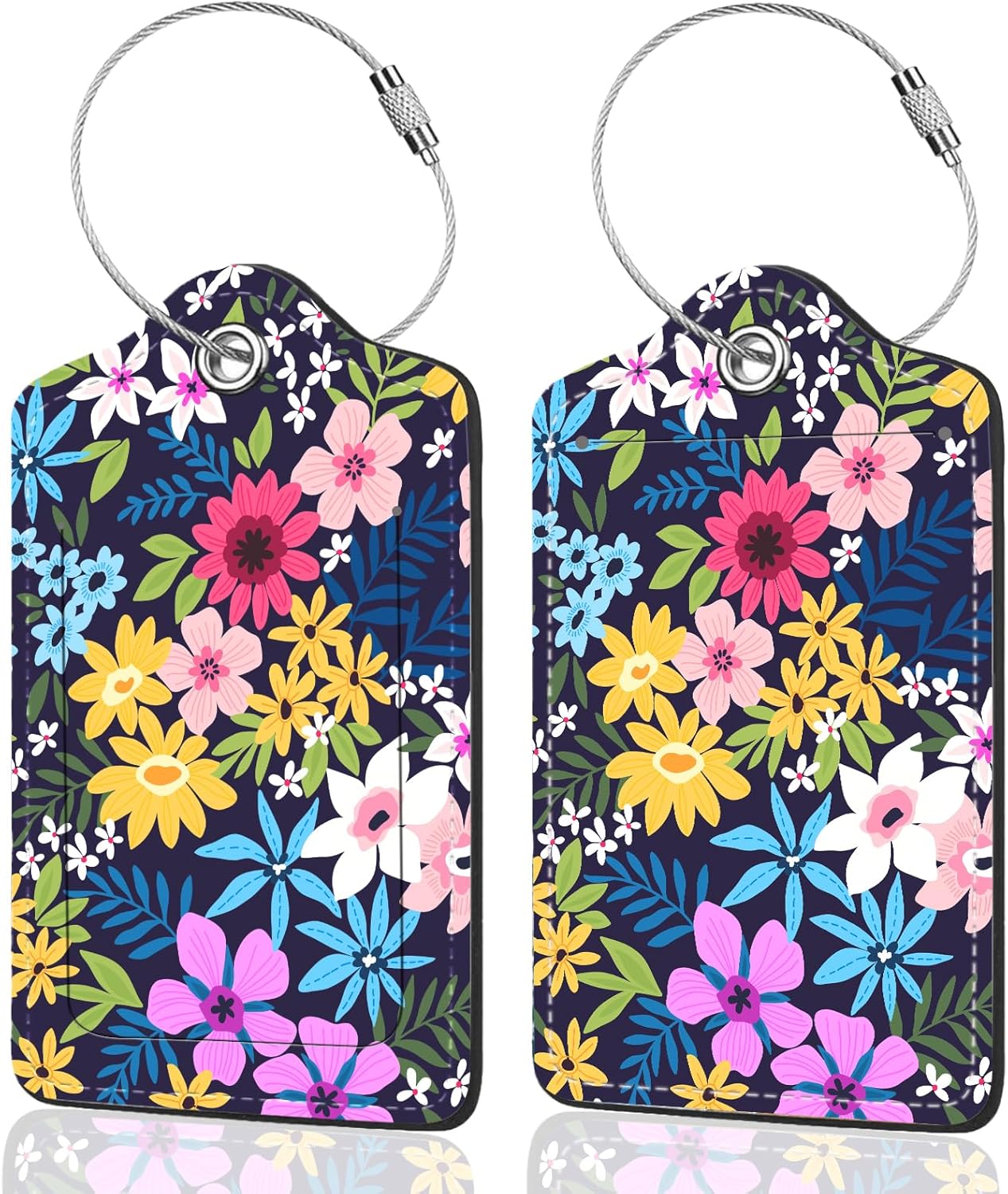 2Pack Luggage Tags for Suitcases, Cute Unique Pu Leather Cruise Luggage Tag with Privacy Cover ID Label Address Card and Metal Ring Suitable for Women Men Kids Travel Bag Colorful Flowers 1