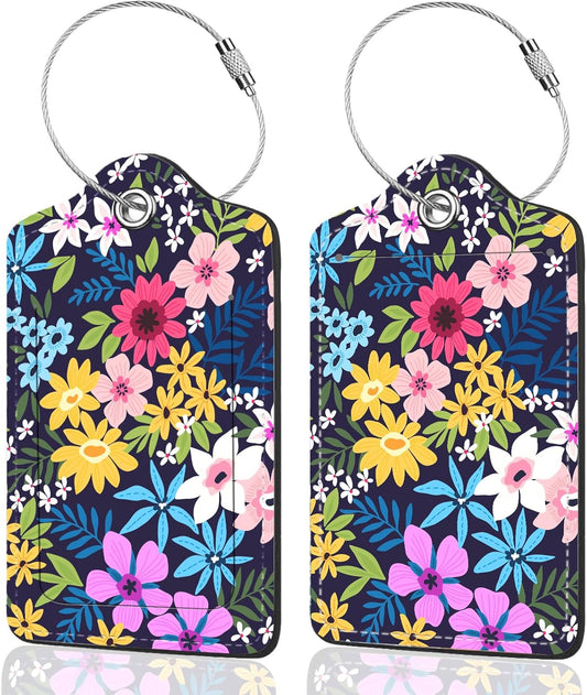 2Pack Luggage Tags for Suitcases, Cute Unique Pu Leather Cruise Luggage Tag with Privacy Cover ID Label Address Card and Metal Ring Suitable for Women Men Kids Travel Bag Colorful Flowers 1