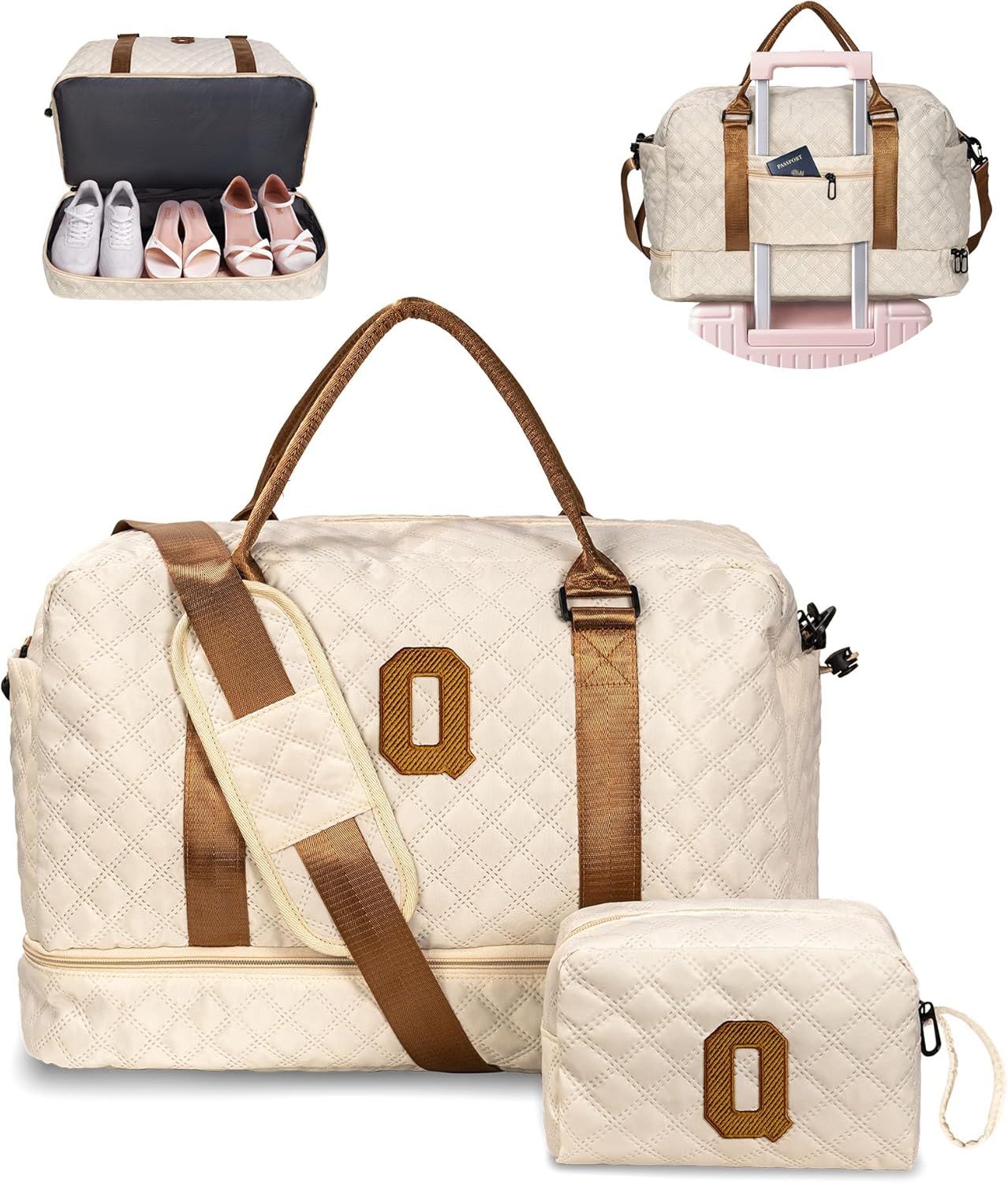 Personalized Initial Duffle Bag with Shoe Compartment, Travel Bag, Gym Bag, Beige, Q Style