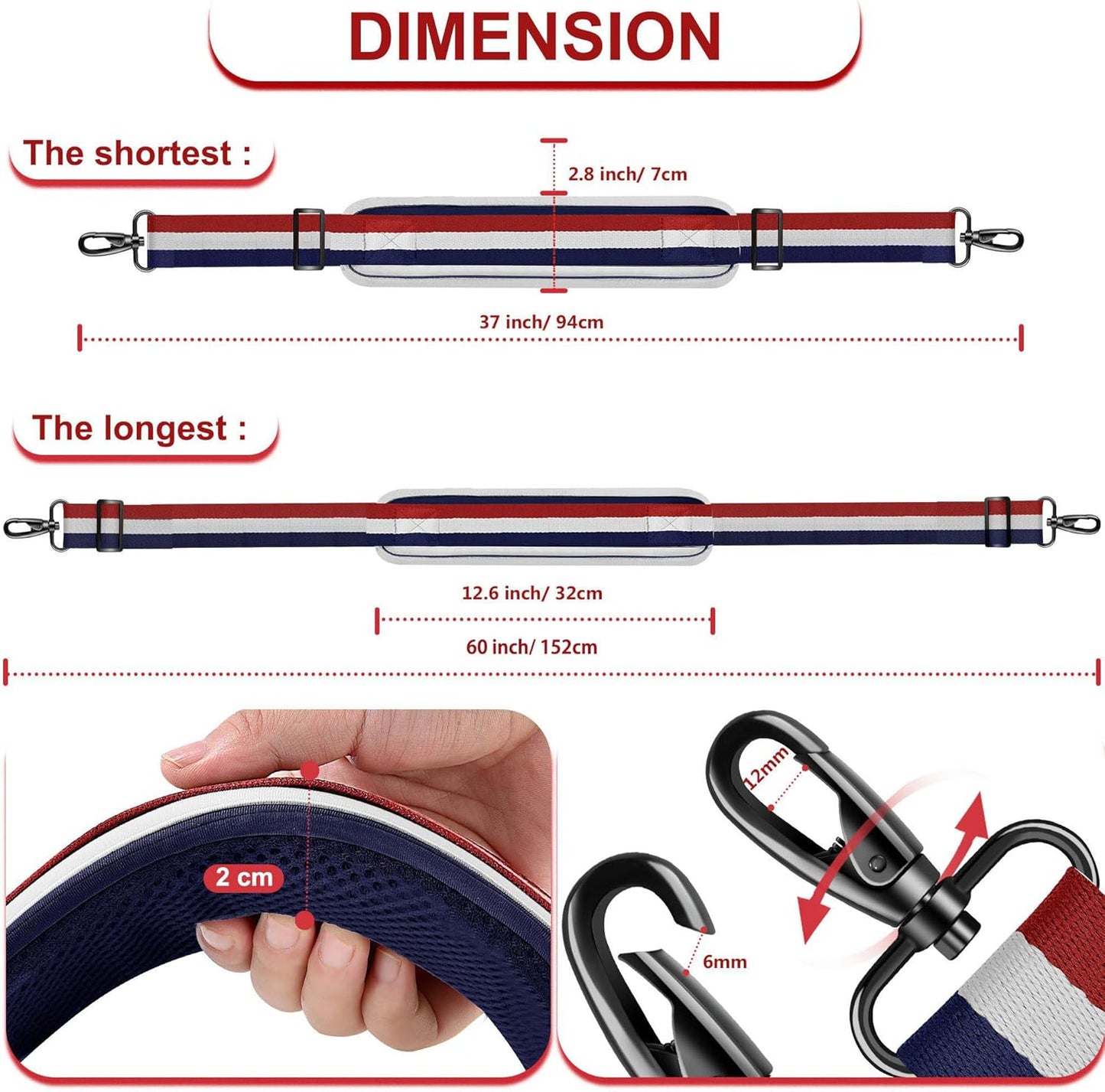 ZINZ 60" Universal Strap with Ultra-Thick Fixed Breathable Pad - Adjustable Heavy-Duty Shoulder Strap for Laptop, Crossbody, Luggage, Gym, Camera Bag and More - TW01B05