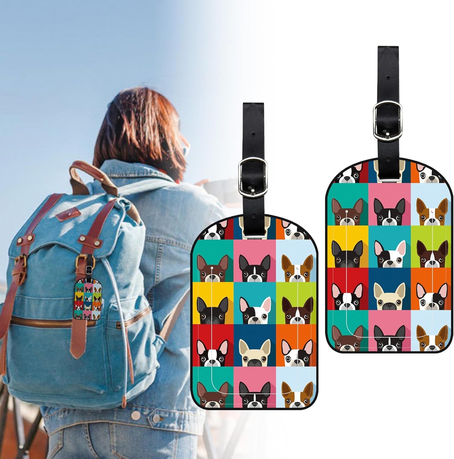 2 Pack Luggage Tags Boston Terrier PU Leather Baggage Handbag Suitcase Tags with Secure Strap Privacy Cover ID Labels,Business Travel Baggage Tag Identifier