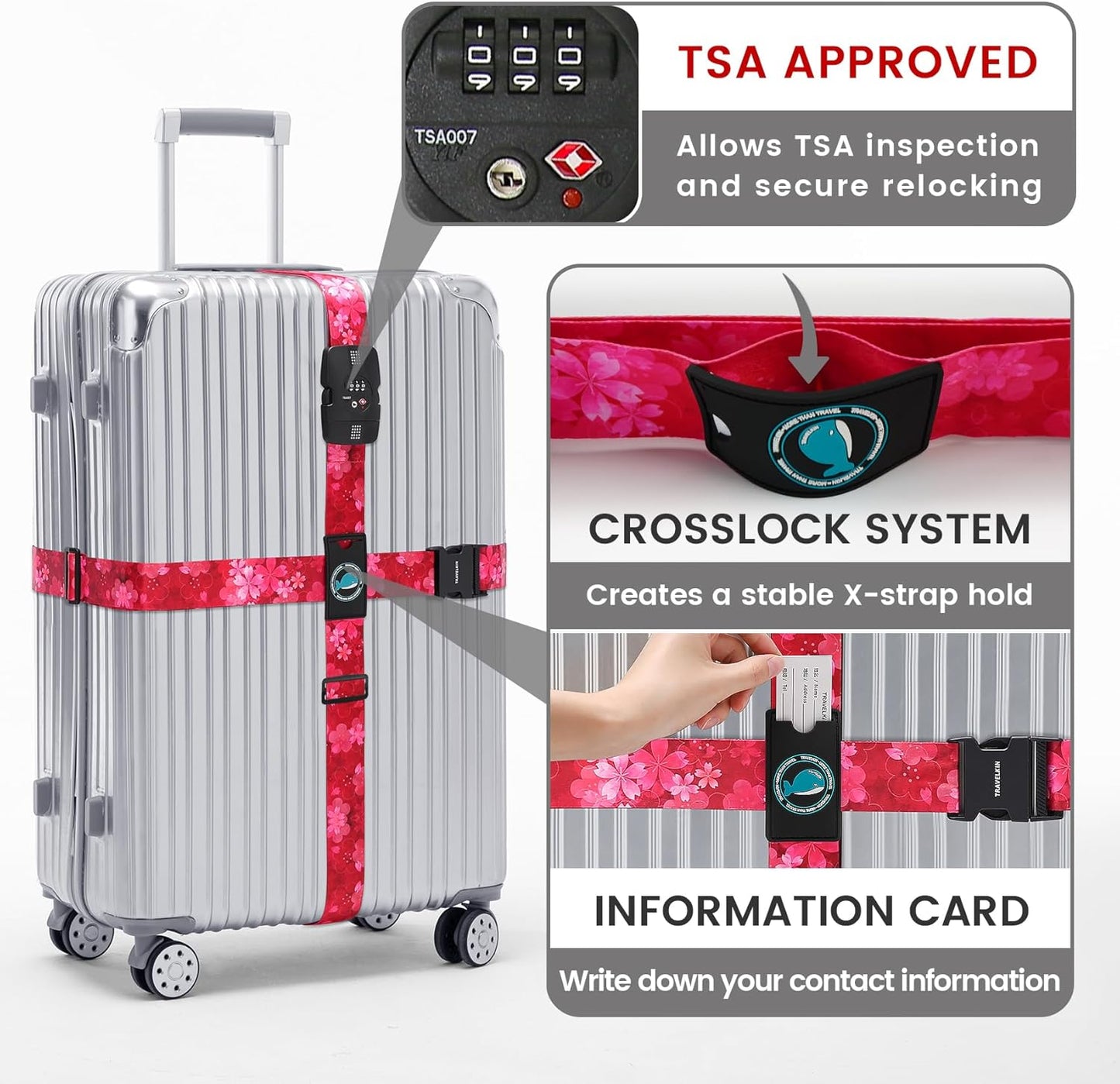 Travelkin Luggage Straps TSA Approved - Adjustable Cross Suitcase Straps with TSA Lock, Reinforced