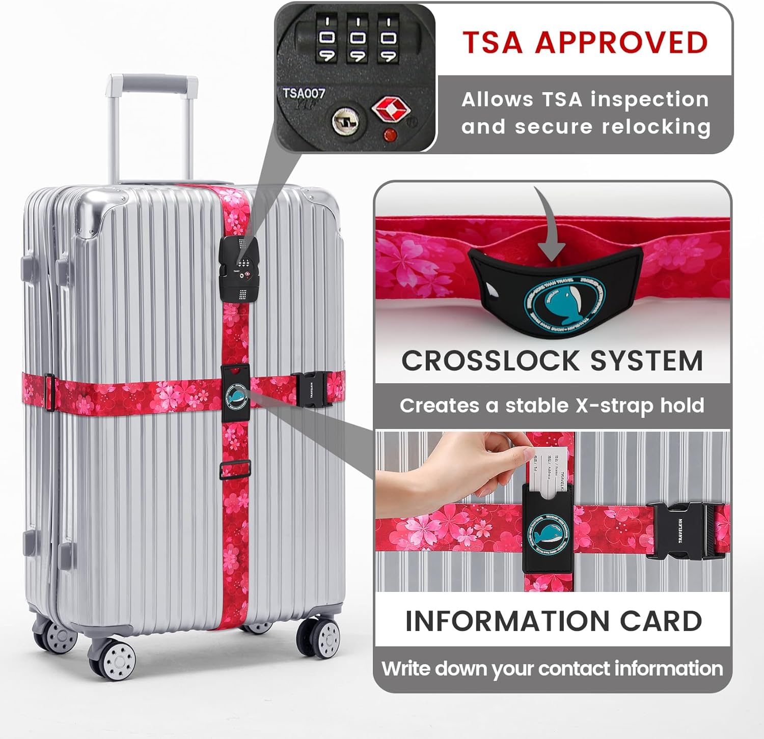Travelkin Luggage Straps TSA Approved - Adjustable Cross Suitcase Straps with TSA Lock, Reinforced
