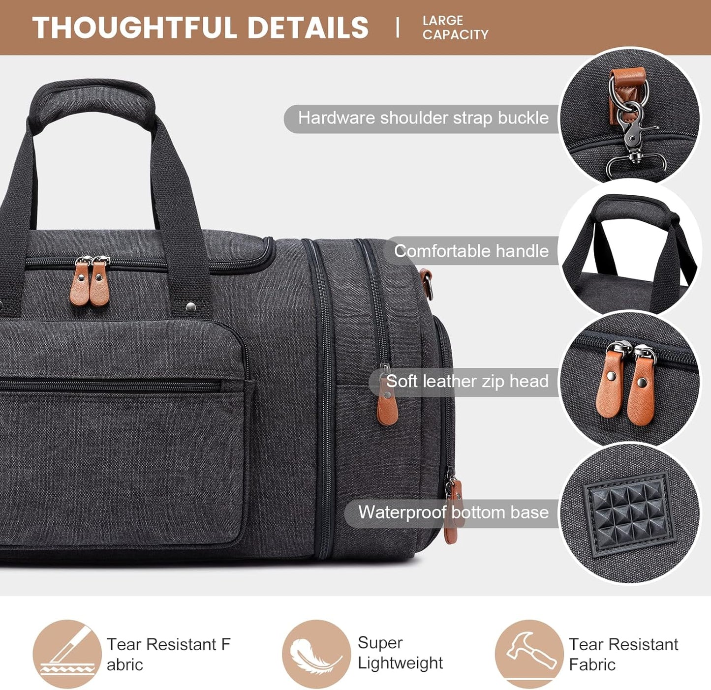 Sucipi Canvas Travel Duffel Bag for Men, Weekend Overnight Bag with Shoe Compartment and Toiletry Bag, Carry-On for Airplanes, Dark Grey