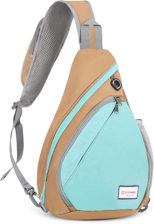 ZOMAKE Sling Bag,Small Crossbody Sling Backpack,Water Resistant Shoulder Daypack for Travel,Anti Thief Chest Bag for Hiking(Brown,Cyan)